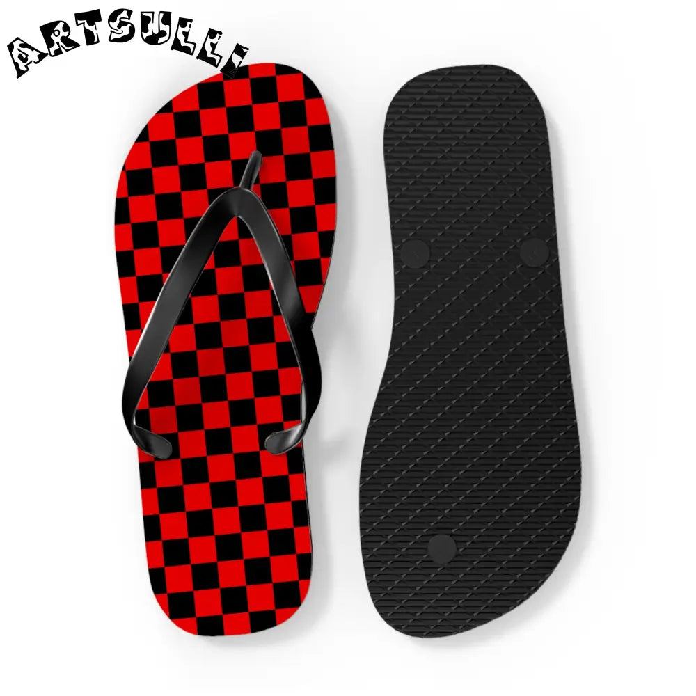 JAKKOUTTHEBXX Checkerboard Red and Black Flip Flops JAKKOUTTHEBXX