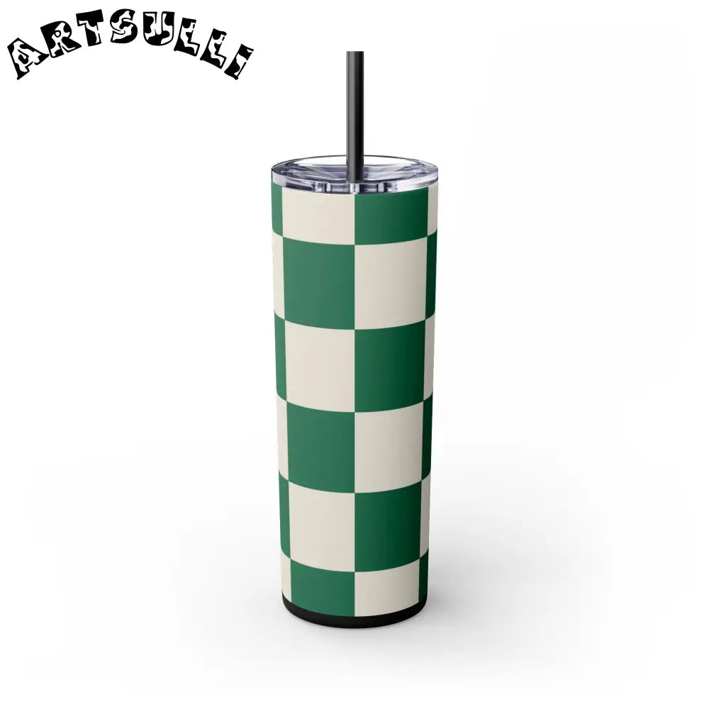 JAKKOUTTHEBXX Checkerboard Dark Green Skinny Tumbler with Straw 20oz