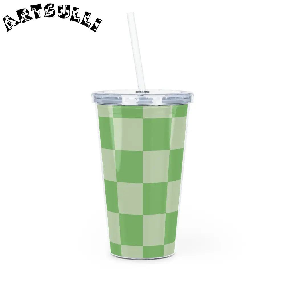 JAKKOUTTHEBXX Checkerboard Green Plastic Tumbler with Straw