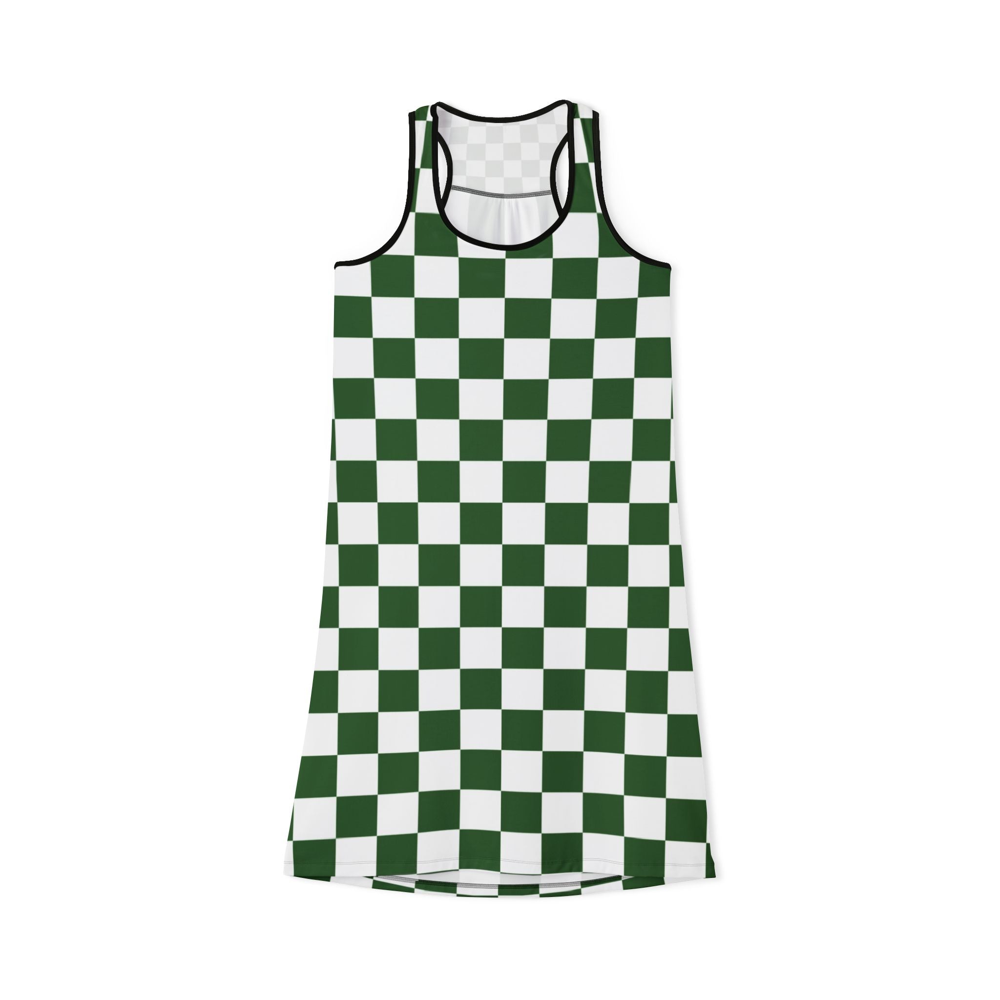 Checkerboard White and Dark Green Women's Racerback Dress (AOP), Artsulli - Art is Long, Life is Short, Tank Top, Size, XS, Color, Black, , , 23435336144980556111