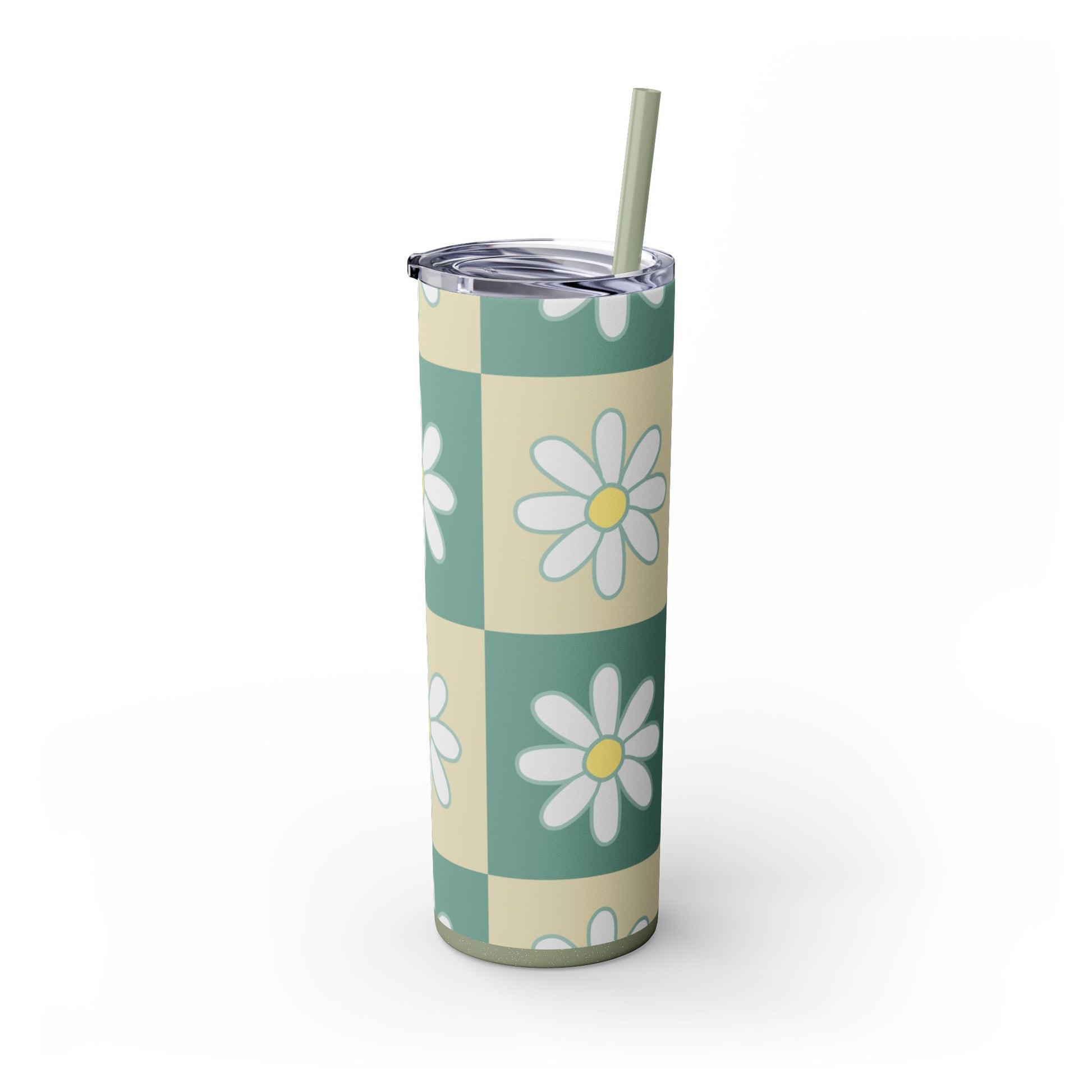 Retro Daisy Checkerboard Green and Tan Skinny Tumbler with Straw, 20oz, Artsulli - Art is Long, Life is Short, Mug, , , , , , , 