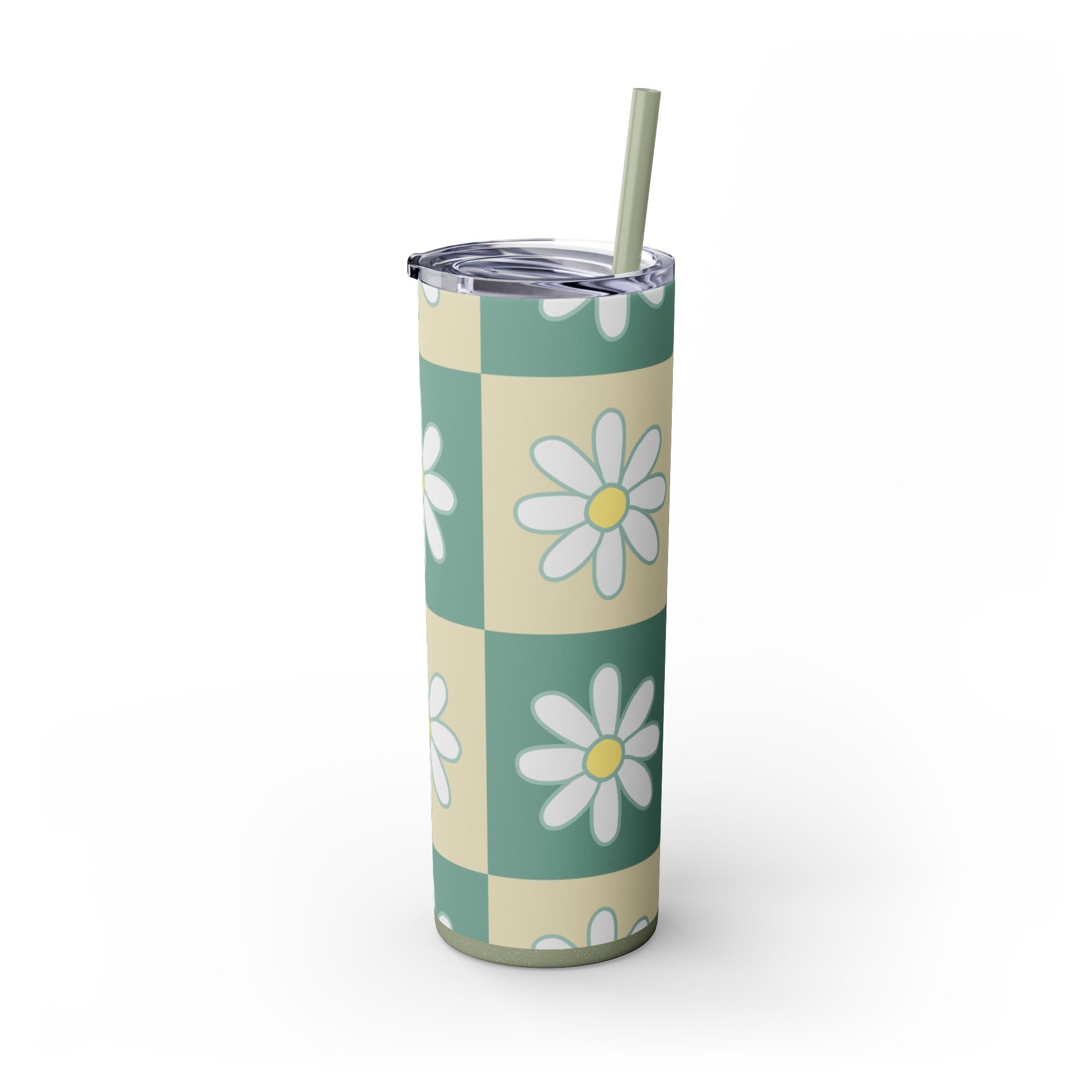 Retro Daisy Checkerboard Green and Tan Skinny Tumbler with Straw, 20oz, Artsulli - Art is Long, Life is Short, Mug, , , , , , , 
