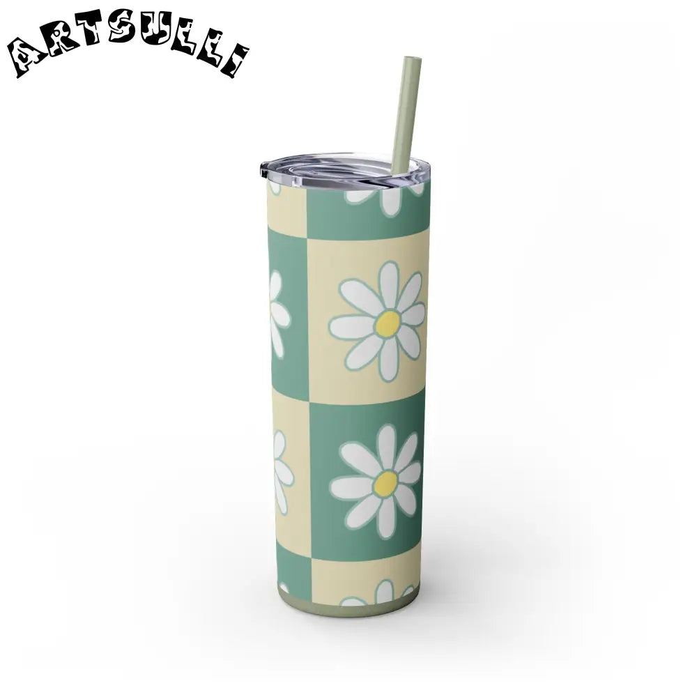JAKKOUTTHEBXX Retro Daisy Checkerboard Green and Tan Skinny Tumbler