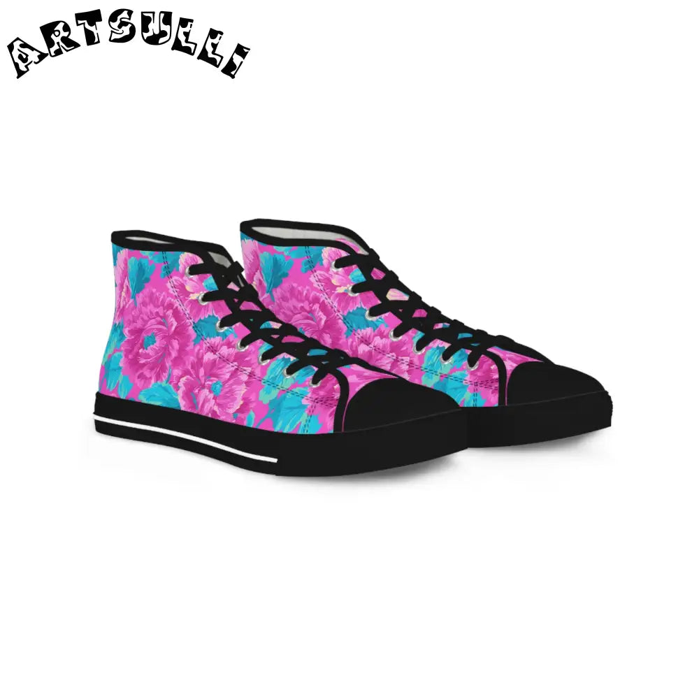 80s Dreamscape Floral Men's High Top Sneakers, Artsulli - Art is Long, Life is Short, Shoes, Size, US 5, Color, Black sole, , , 32428361383609953618