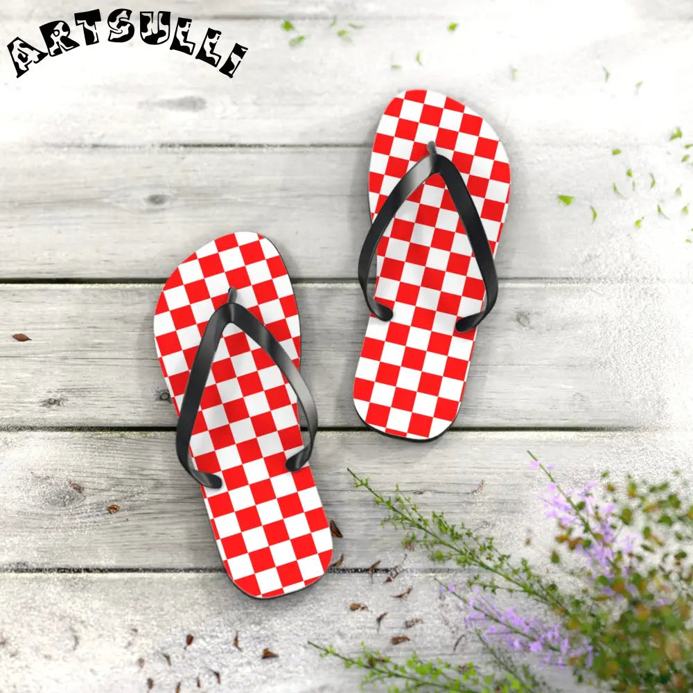 JAKKOUTTHEBXX Checkerboard II Red and White Flip Flops JAKKOUTTHEBXX