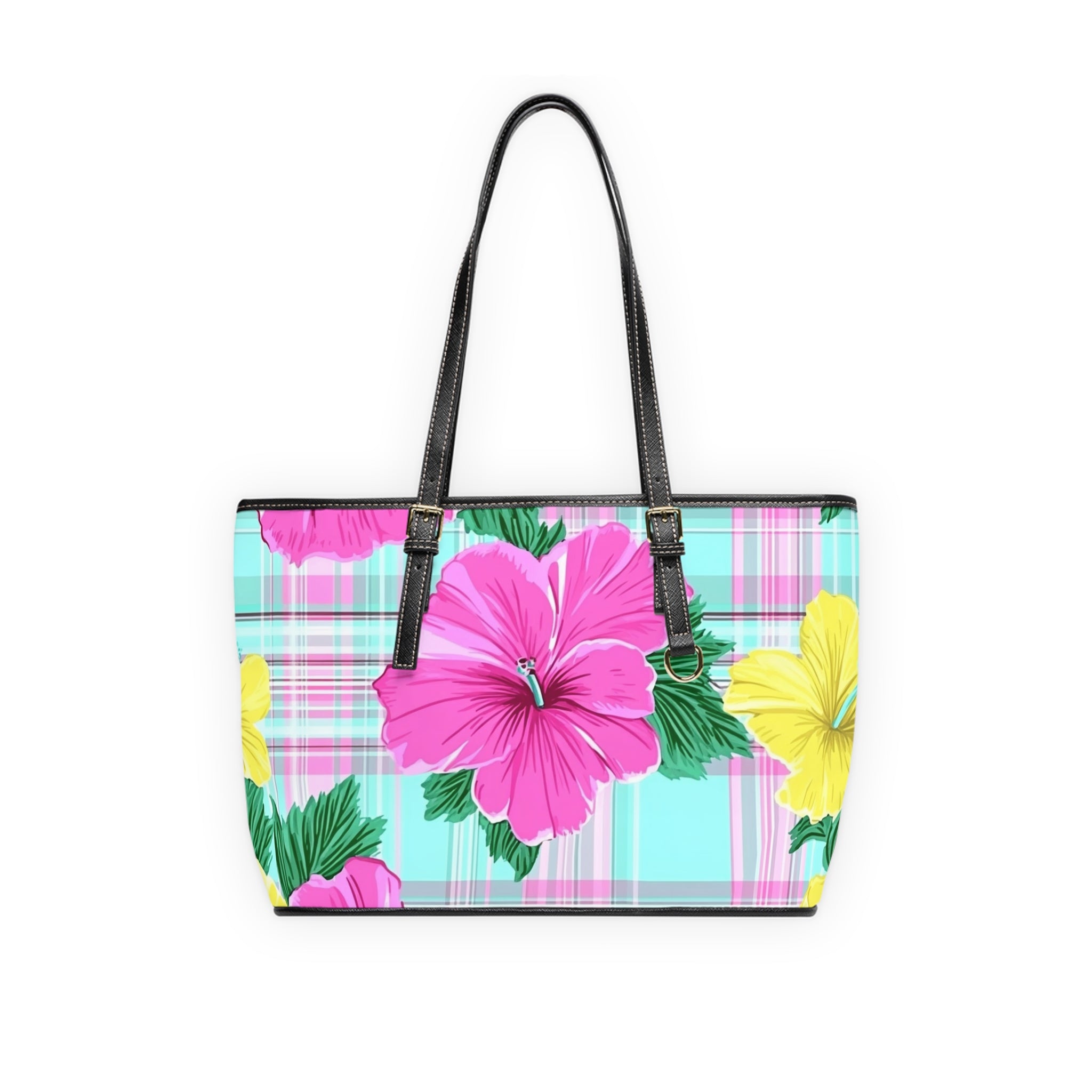 Plaid Hibiscus Pink and Yellow PU Leather Shoulder Bag, Artsulli - Art is Long, Life is Short, Bags, Size, 16" x 10", Color, Black, , , 24311372644135264399