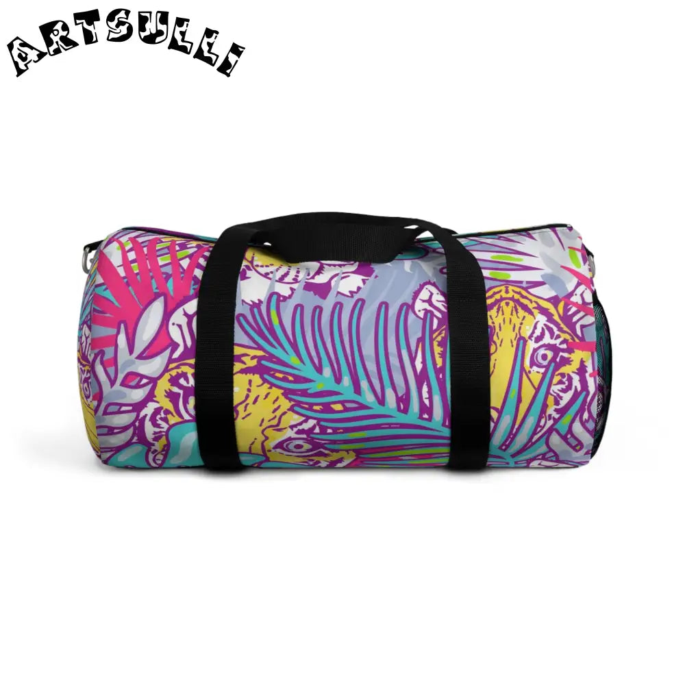 JAKKOUTTHEBXX Tropical Floral Tigers Torquise and Purple Duffel Bag