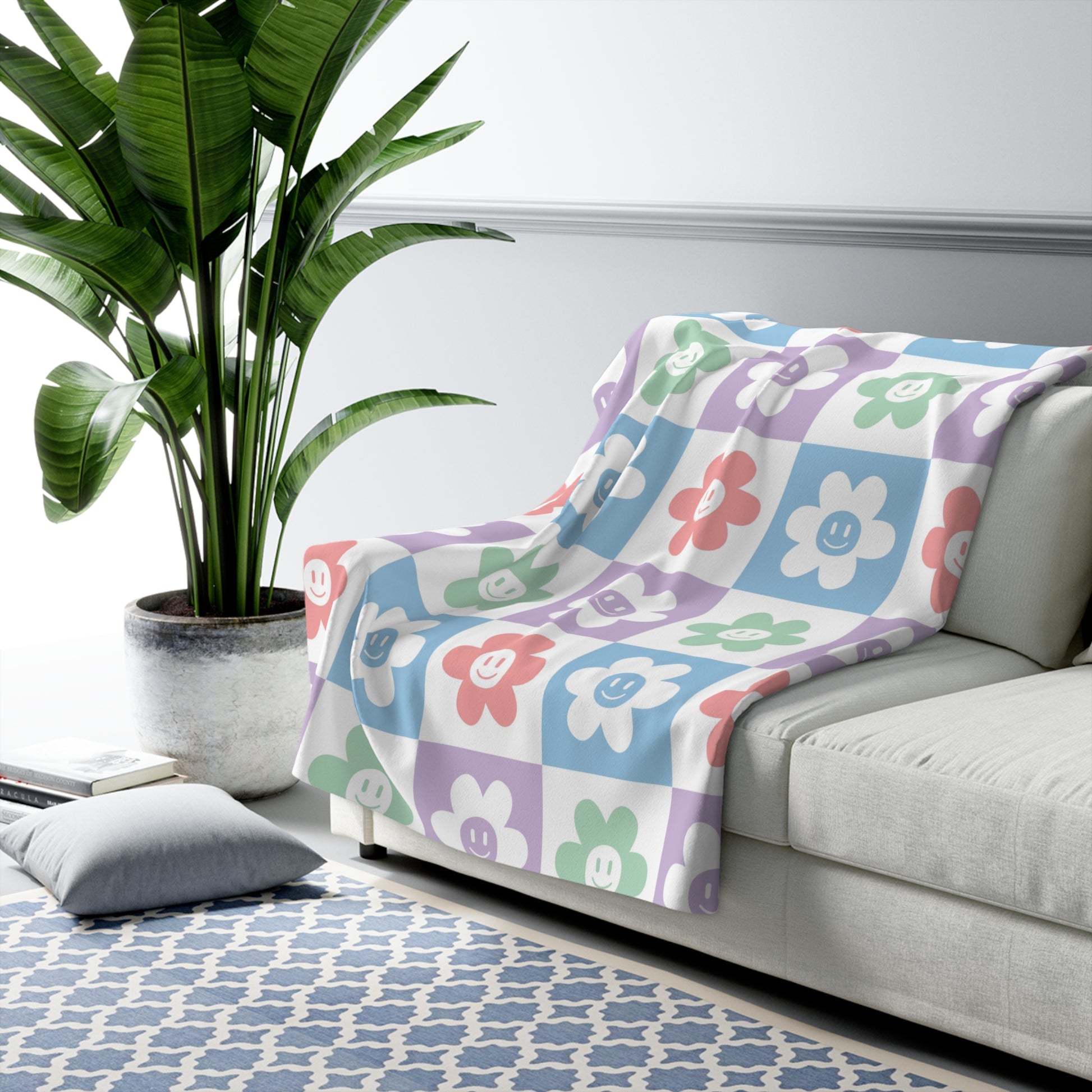 Chessboard x Smiley Face Flowers Multi-Color Sherpa Fleece Blanket, Artsulli - Art is Long, Life is Short, Home Decor, , , , , , , 