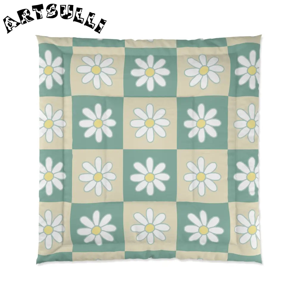 JAKKOUTTHEBXX Retro Daisy Checkerboard Green and Tan Comforter
