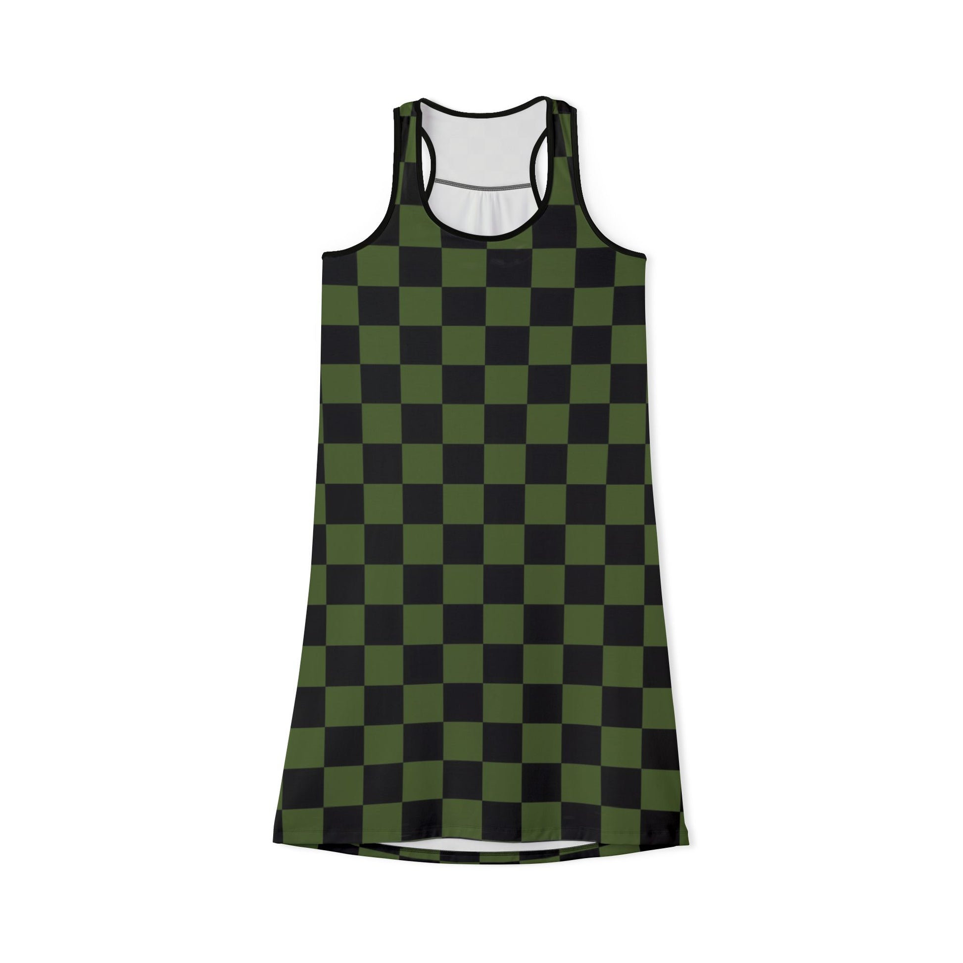 Checkerboard Olive Green and Black Women's Racerback Dress (AOP), Artsulli - Art is Long, Life is Short, Tank Top, Size, XS, Color, Black, , , 18601279985837852329