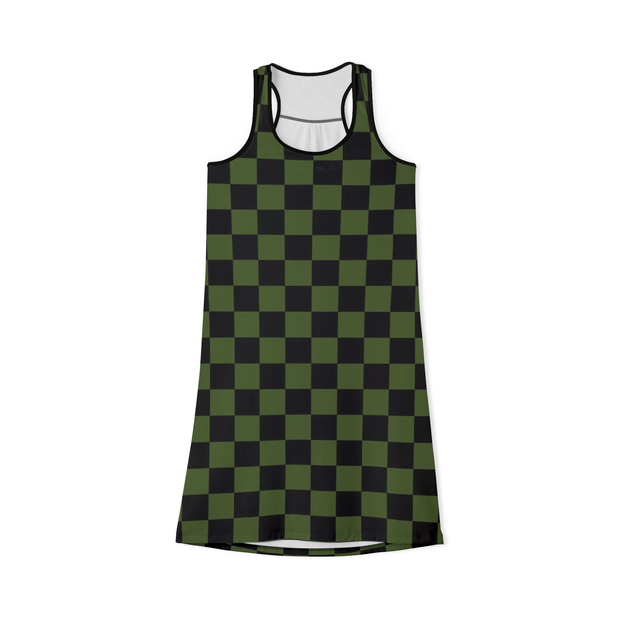 Checkerboard Olive Green and Black Women's Racerback Dress (AOP), Artsulli - Art is Long, Life is Short, Tank Top, Size, XS, Color, Black, , , 18601279985837852329