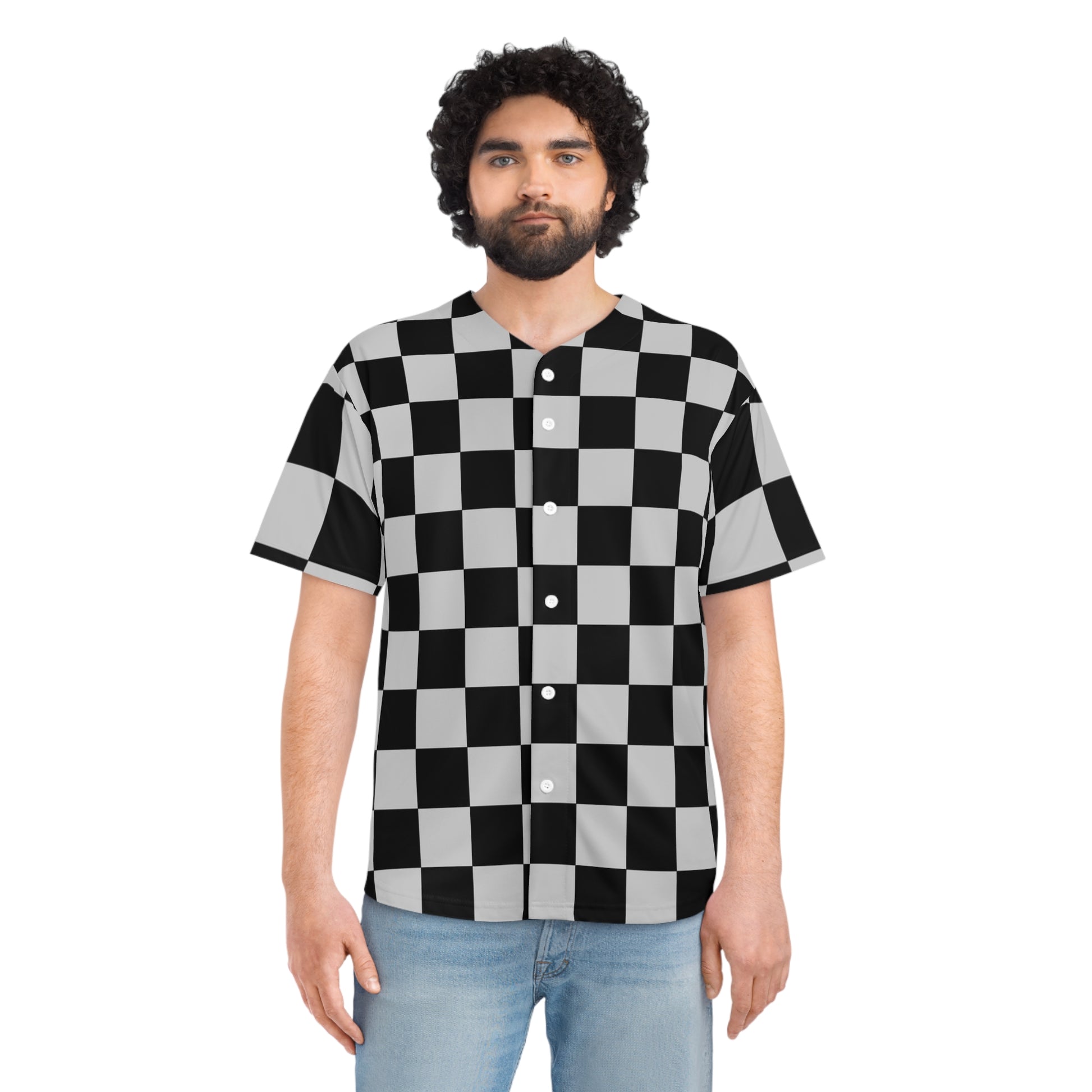 Checkerboard Dada Black and Light Gray Men's Baseball Jersey (AOP), Artsulli - Art is Long, Life is Short, All Over Prints, , , , , , , 