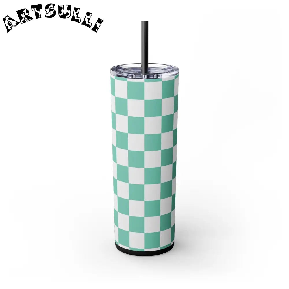 JAKKOUTTHEBXX Checkerboard Light Green Skinny Tumbler with Straw