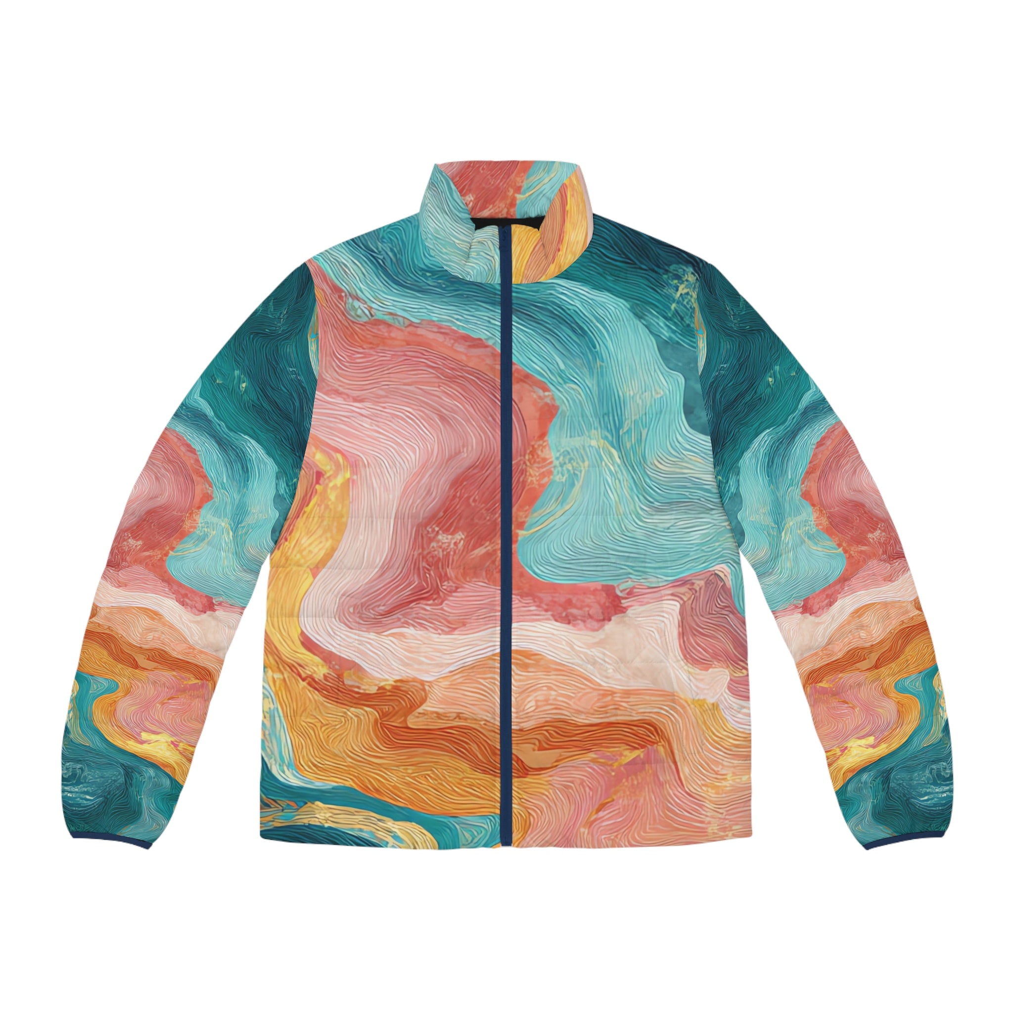 Liquid Marble Spill Men's Puffer Jacket (AOP), Artsulli - Art is Long, Life is Short, All Over Prints, Size, S, Color, Dark blue zipper, , , 19066952867196162882