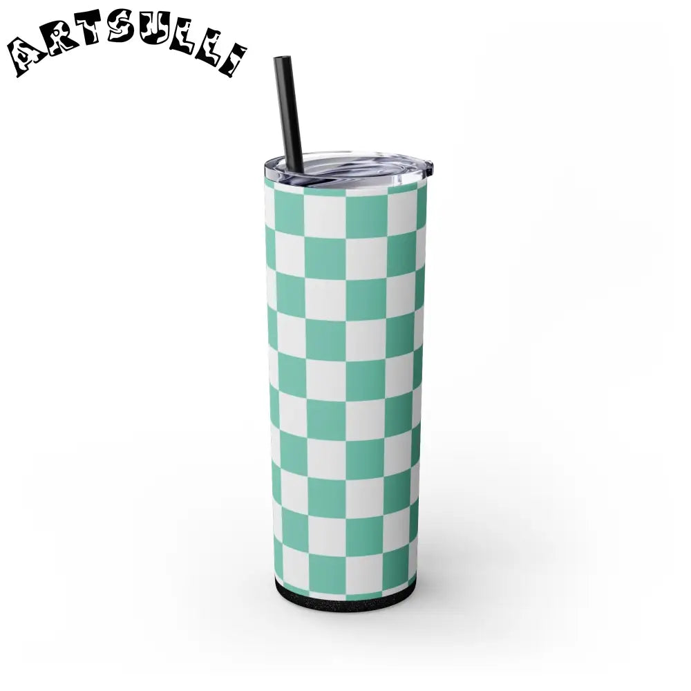 JAKKOUTTHEBXX Checkerboard Light Green Skinny Tumbler with Straw