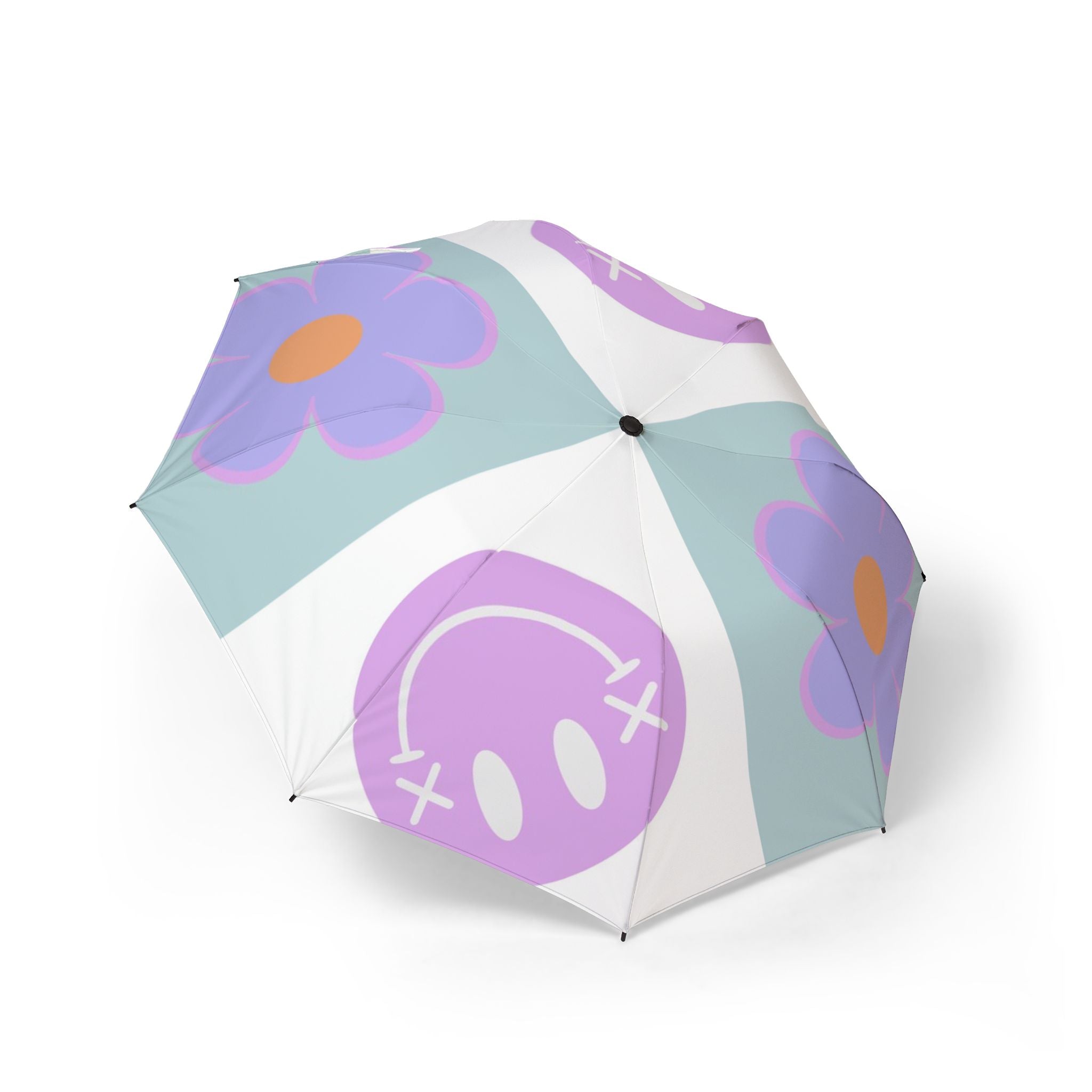 Flower x Smiley Face x Checkerboard Purple Semi-Automatic Foldable Umbrella, Artsulli - Art is Long, Life is Short, Accessories, Size, One size, , , , , 10867544386073
