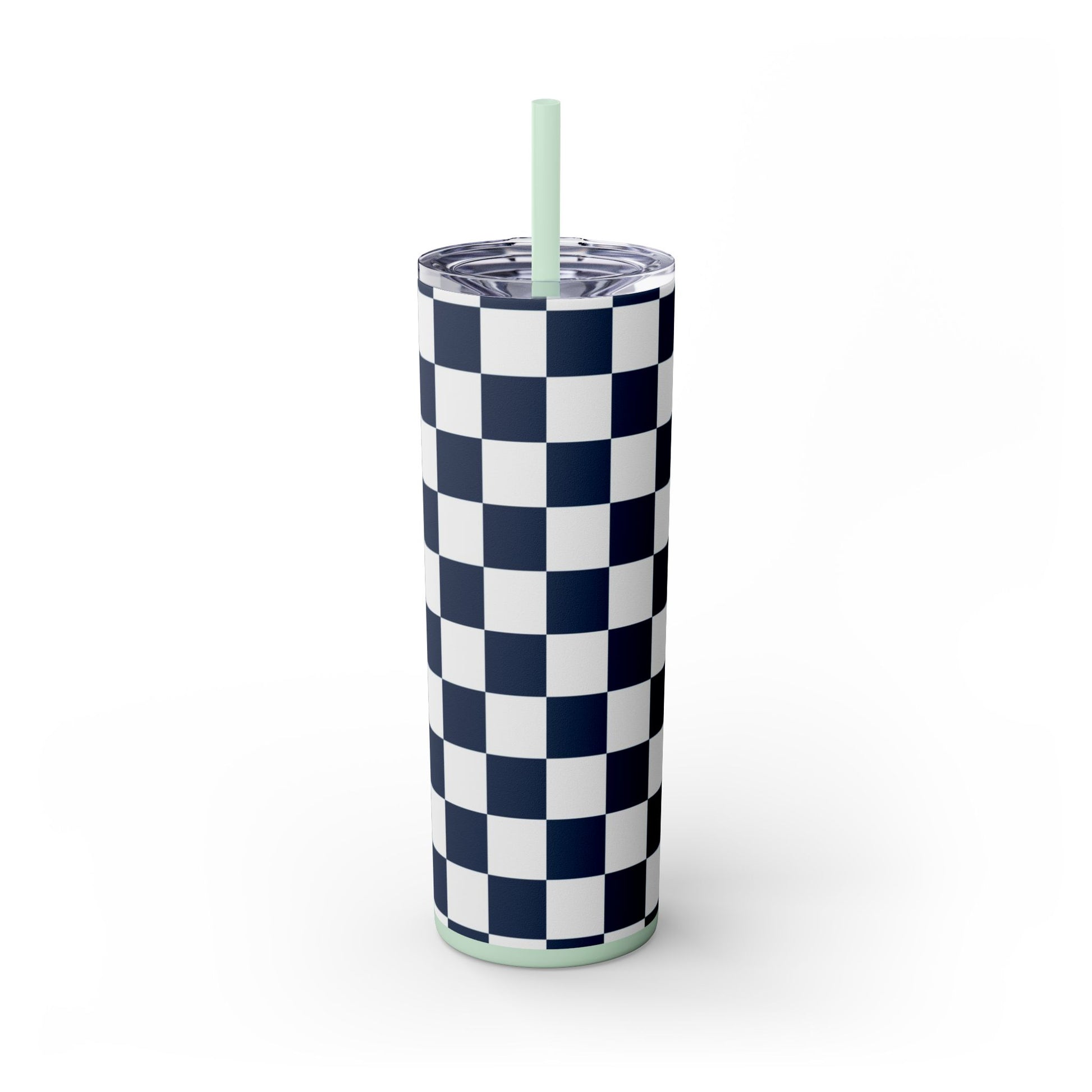 Checkerboard White and Navy Blue Skinny Tumbler with Straw, 20oz, Artsulli - Art is Long, Life is Short, Mug, , , , , , , 