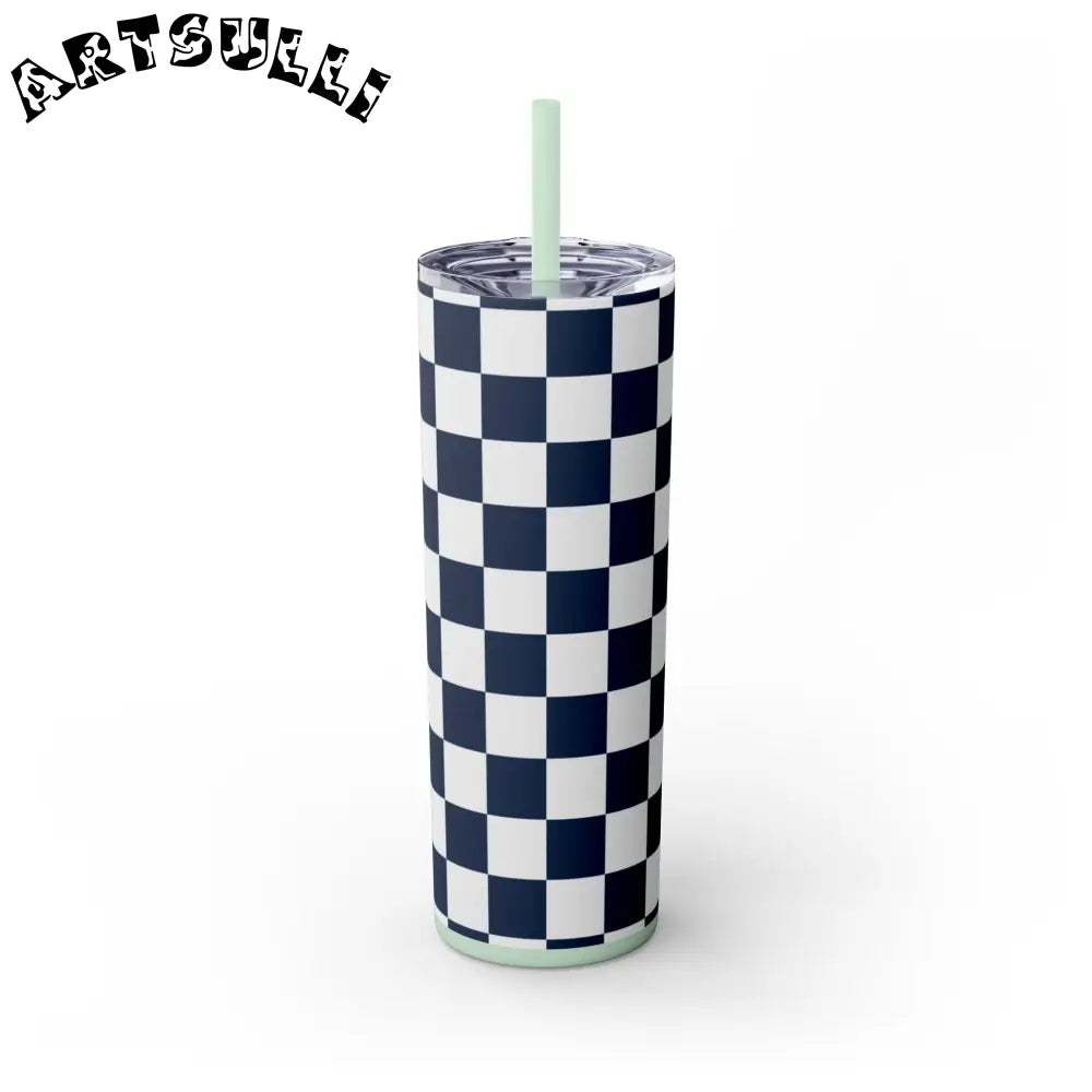 JAKKOUTTHEBXX Checkerboard White and Navy Blue Skinny Tumbler