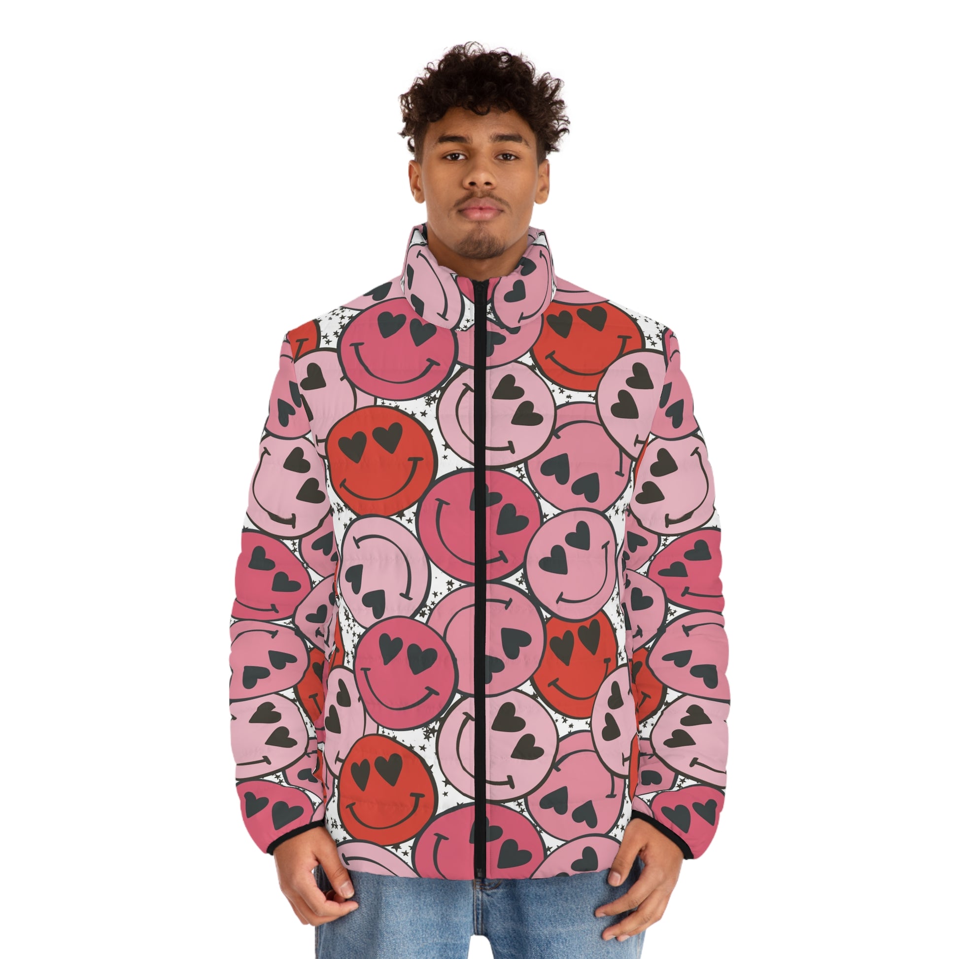 Smiley Face x Heart Eyes Pink and Red Men's Puffer Jacket (AOP), Artsulli - Art is Long, Life is Short, All Over Prints, , , , , , , 