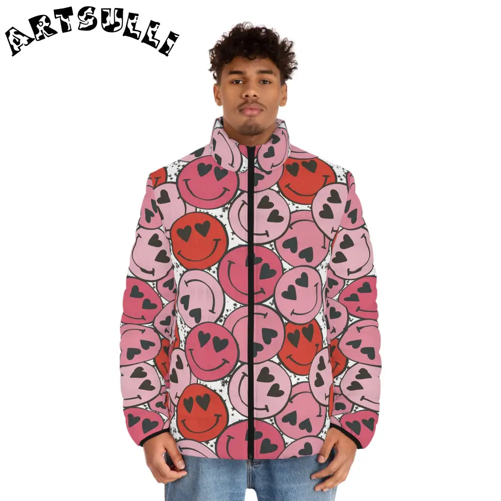 JAKKOUTTHEBXX Smiley Face x Heart Eyes Pink and Red Men’s Puffer