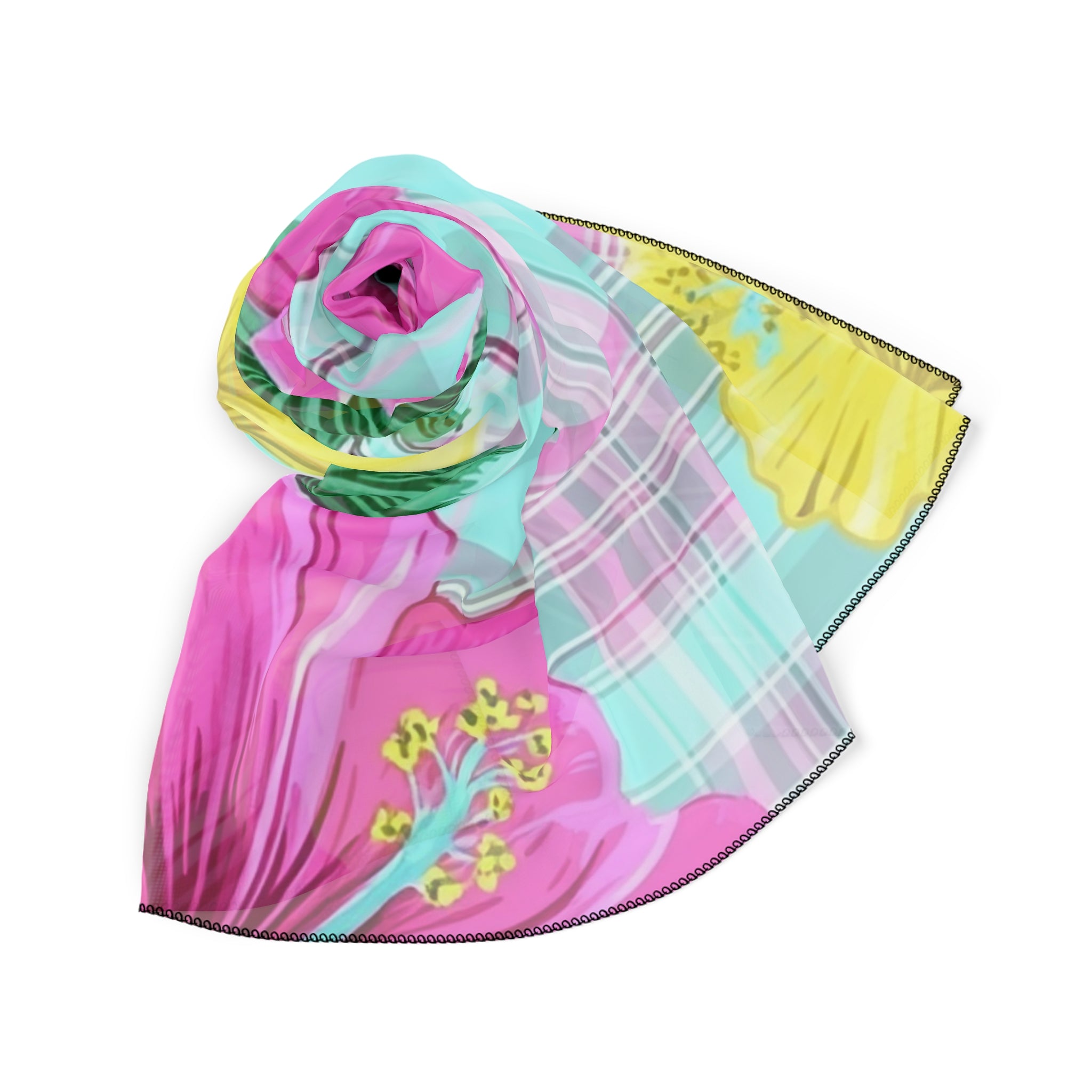 Plaid Hibiscus Pink and Yellow Poly Scarf, Artsulli - Art is Long, Life is Short, Accessories, , , , , , , 