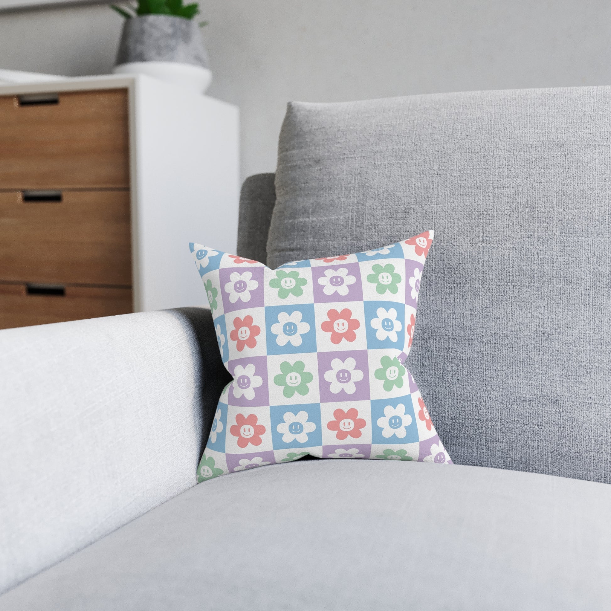 Chessboard x Smiley Face Flowers II Multi-Color  Square Pillow, Artsulli - Art is Long, Life is Short, Home Decor, , , , , , , 