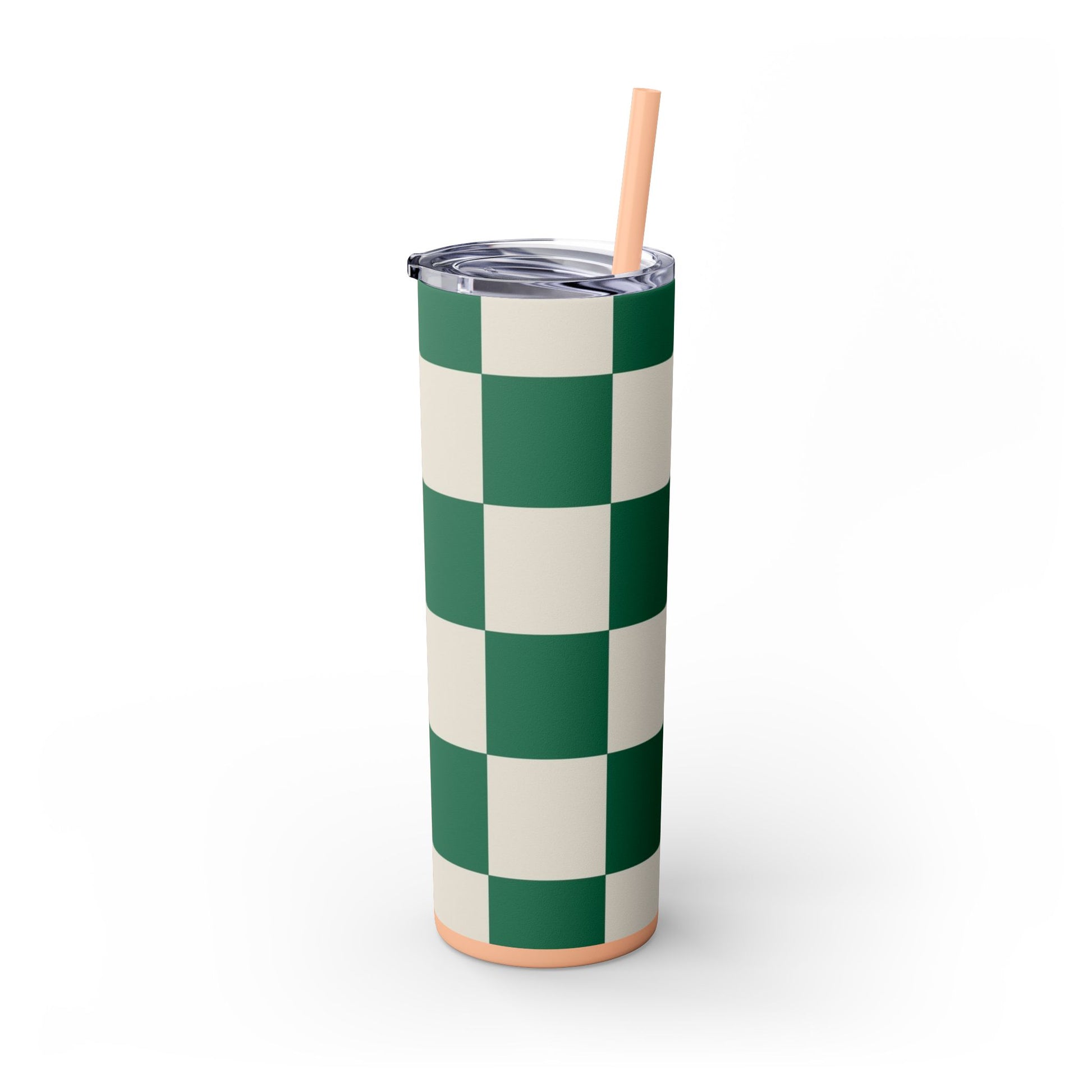 Checkerboard Dark Green Skinny Tumbler with Straw, 20oz, Artsulli - Art is Long, Life is Short, Mug, , , , , , , 