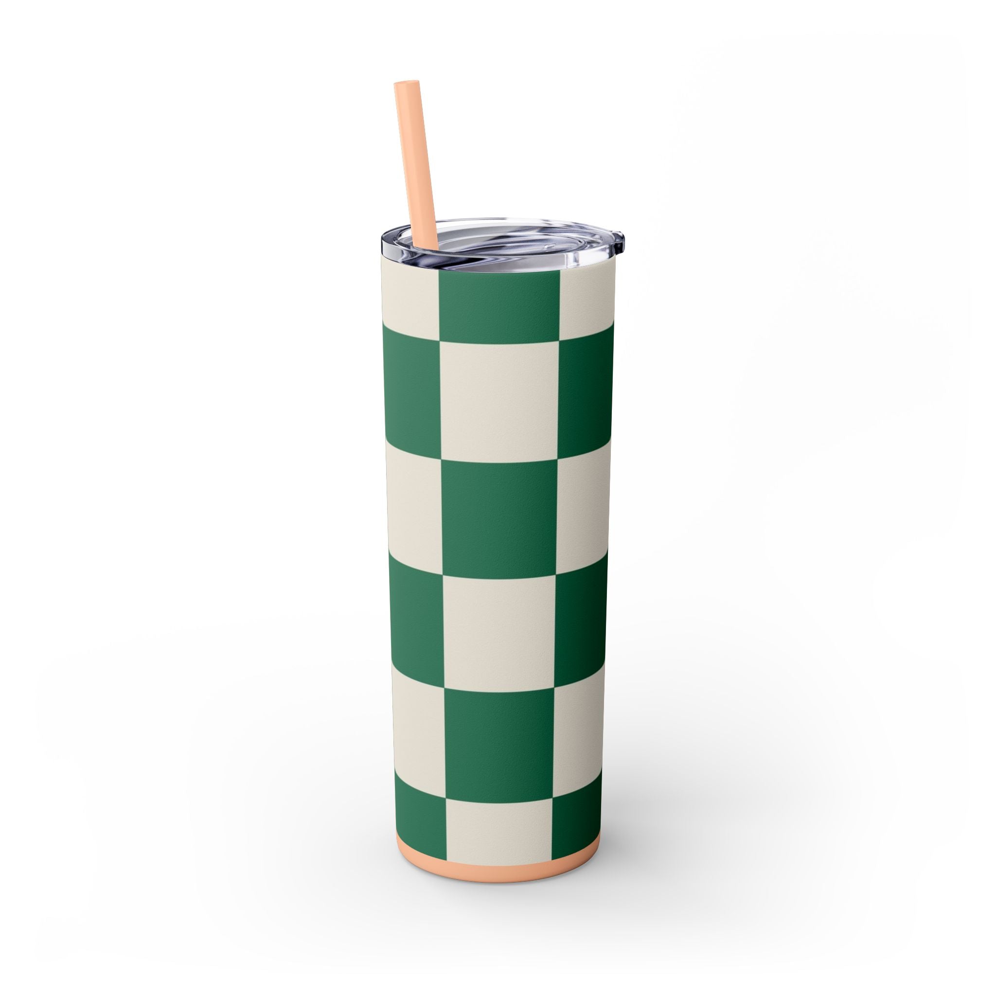 Checkerboard Dark Green Skinny Tumbler with Straw, 20oz, Artsulli - Art is Long, Life is Short, Mug, , , , , , , 