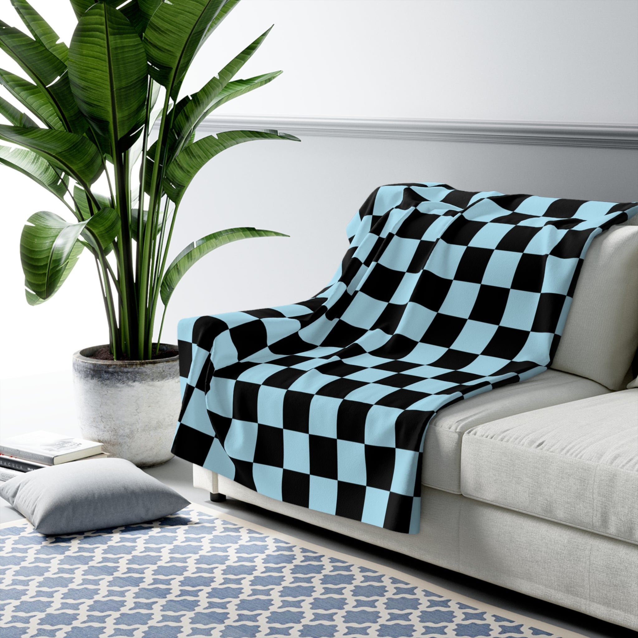 Checkerboard Black and Blue Sherpa Fleece Blanket, Artsulli - Art is Long, Life is Short, Home Decor, , , , , , , 