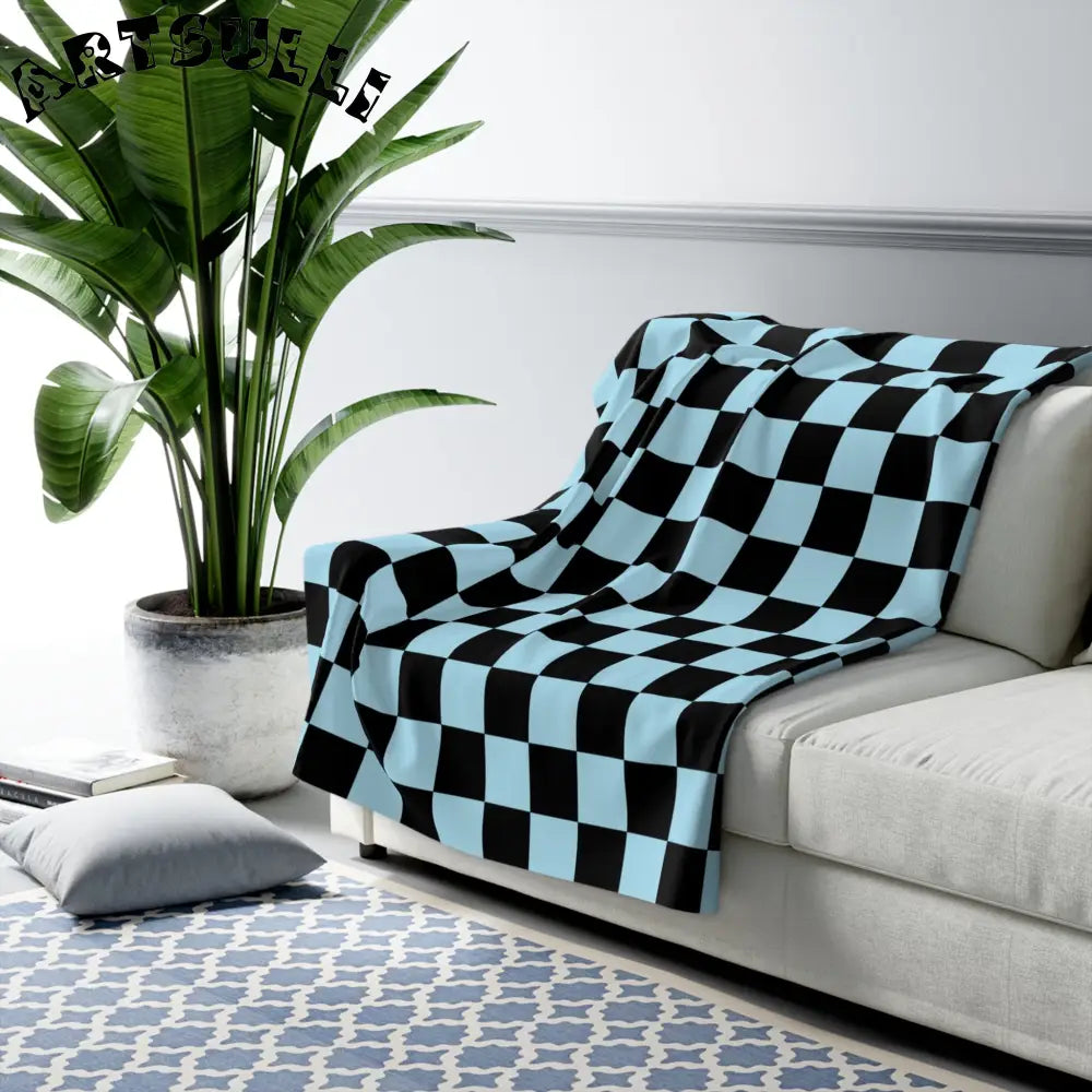 JAKKOUTTHEBXX Checkerboard Black and Blue Sherpa Fleece Blanket