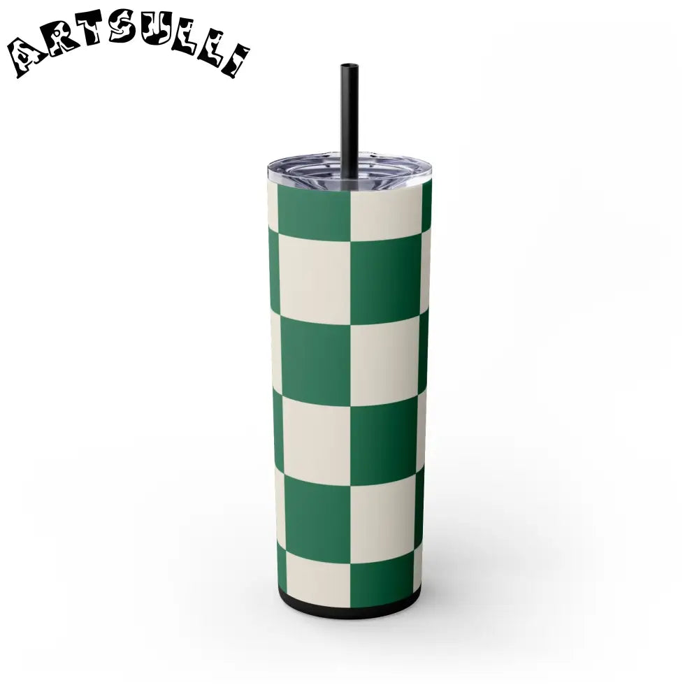 JAKKOUTTHEBXX Checkerboard Dark Green Skinny Tumbler with Straw 20oz