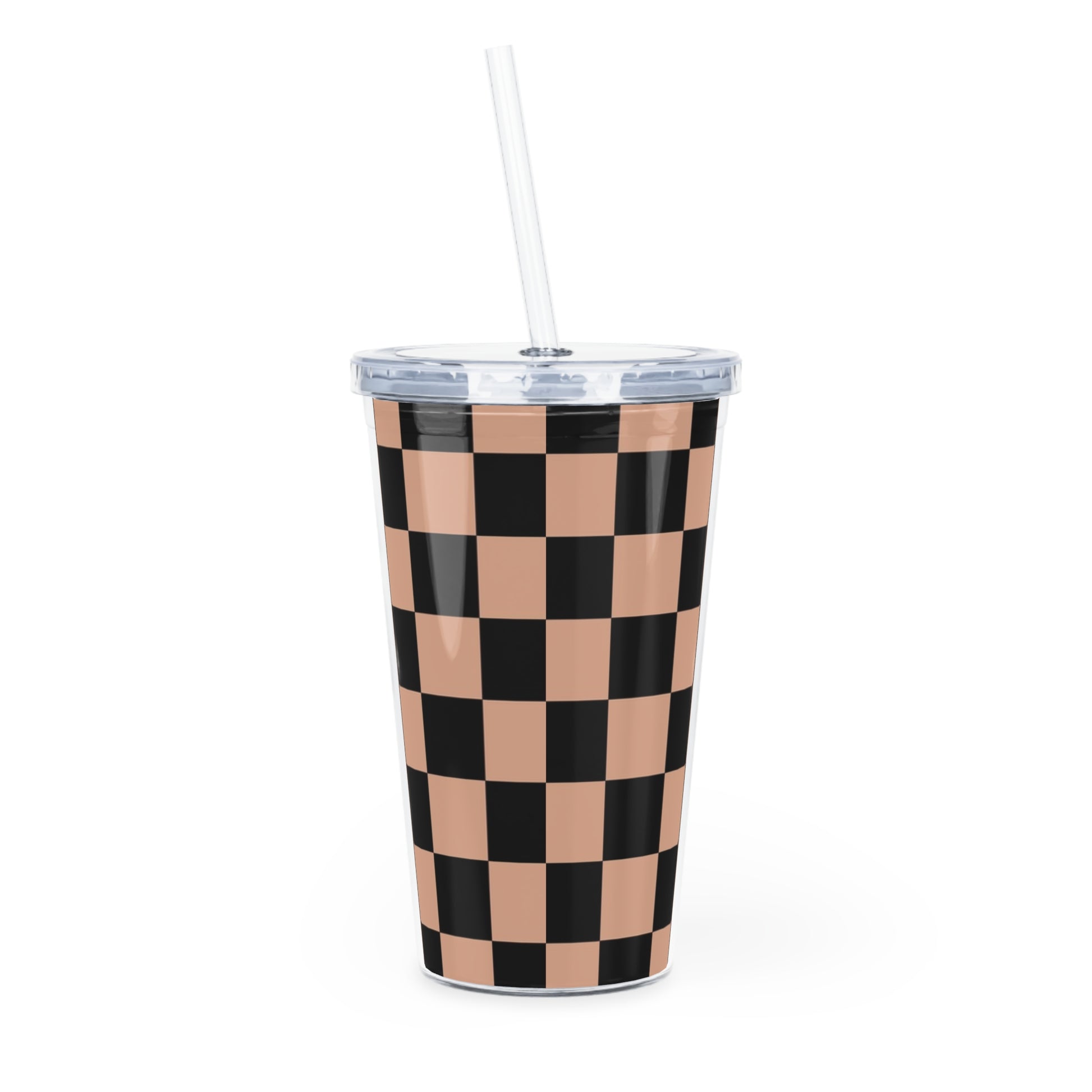 Checkerboard Soft Orange and Black Plastic Tumbler with Straw, Artsulli - Art is Long, Life is Short, Mug, , , , , , , 