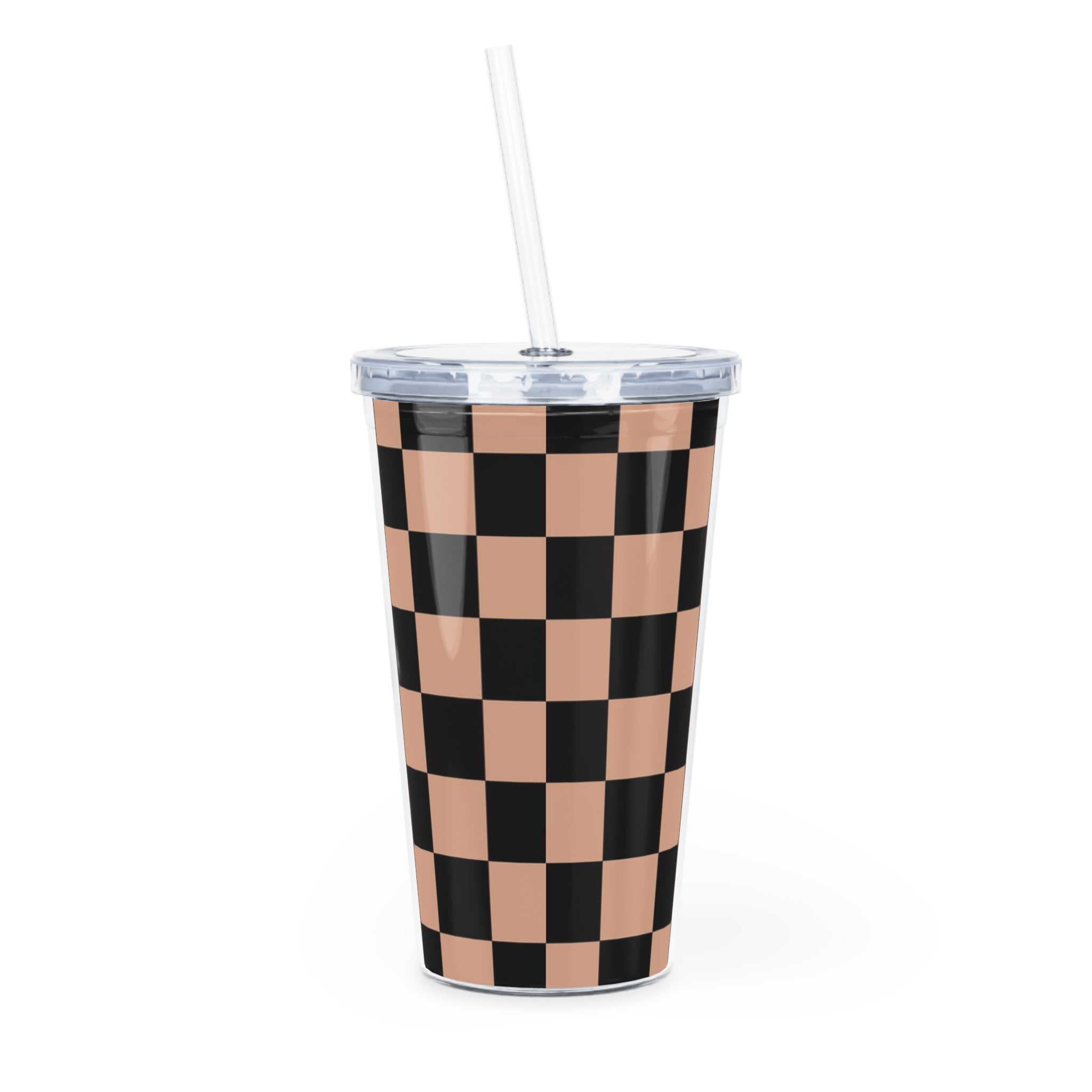 Checkerboard Soft Orange and Black Plastic Tumbler with Straw, Artsulli - Art is Long, Life is Short, Mug, , , , , , , 