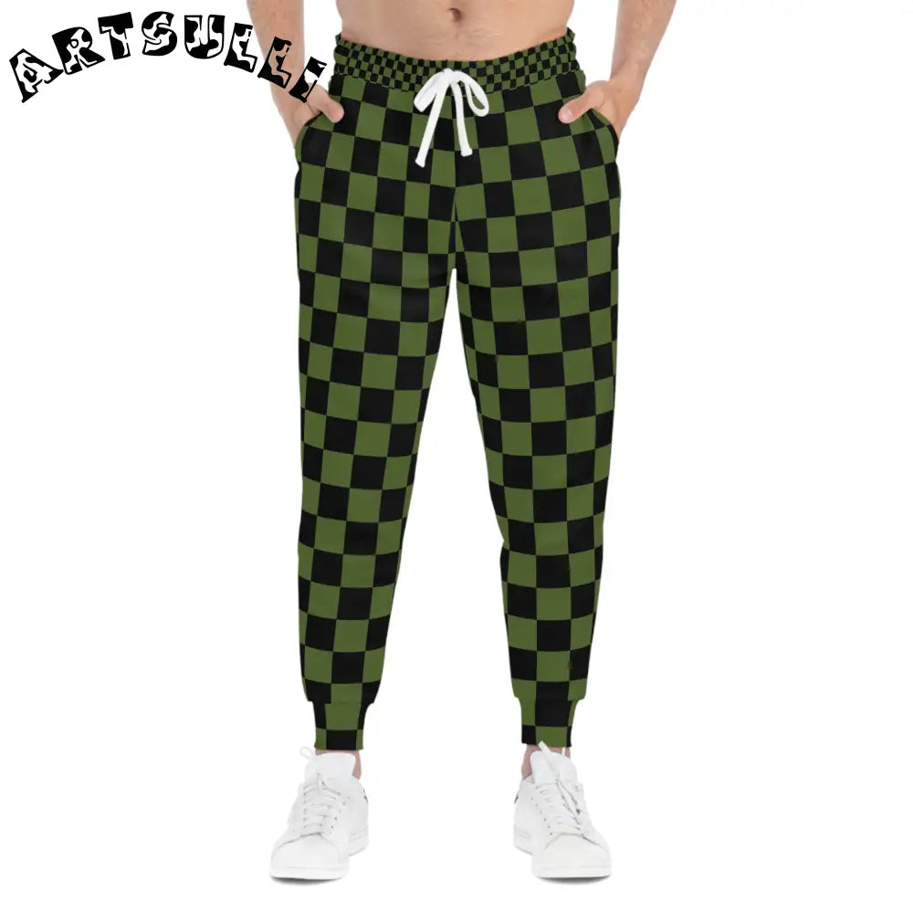 JAKKOUTTHEBXX Checkerboard Olive Green and Black Athletic Joggers