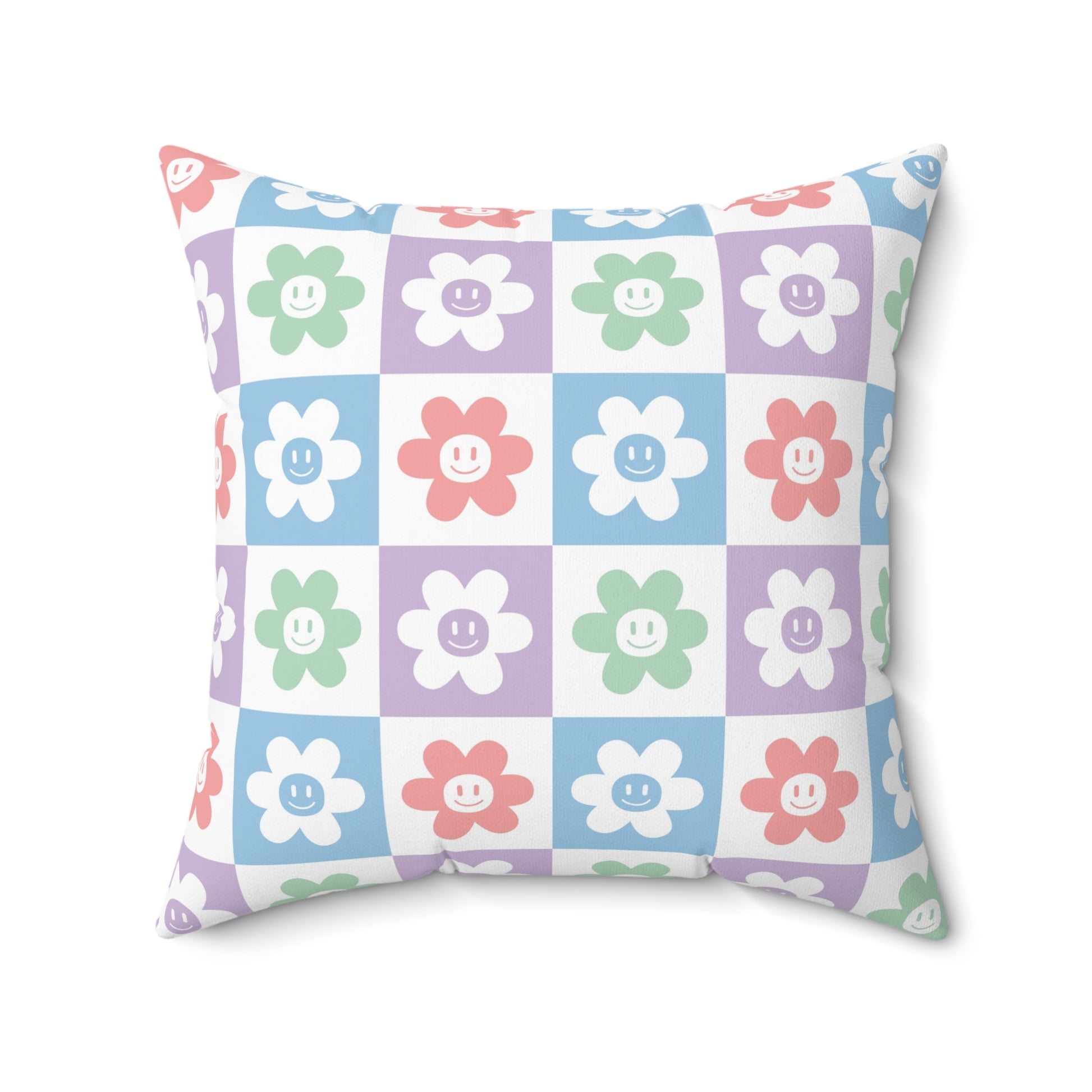 Chessboard x Smiley Face Flowers Multi-Color Spun Polyester Square Pillow, Artsulli - Art is Long, Life is Short, Home Decor, , , , , , , 