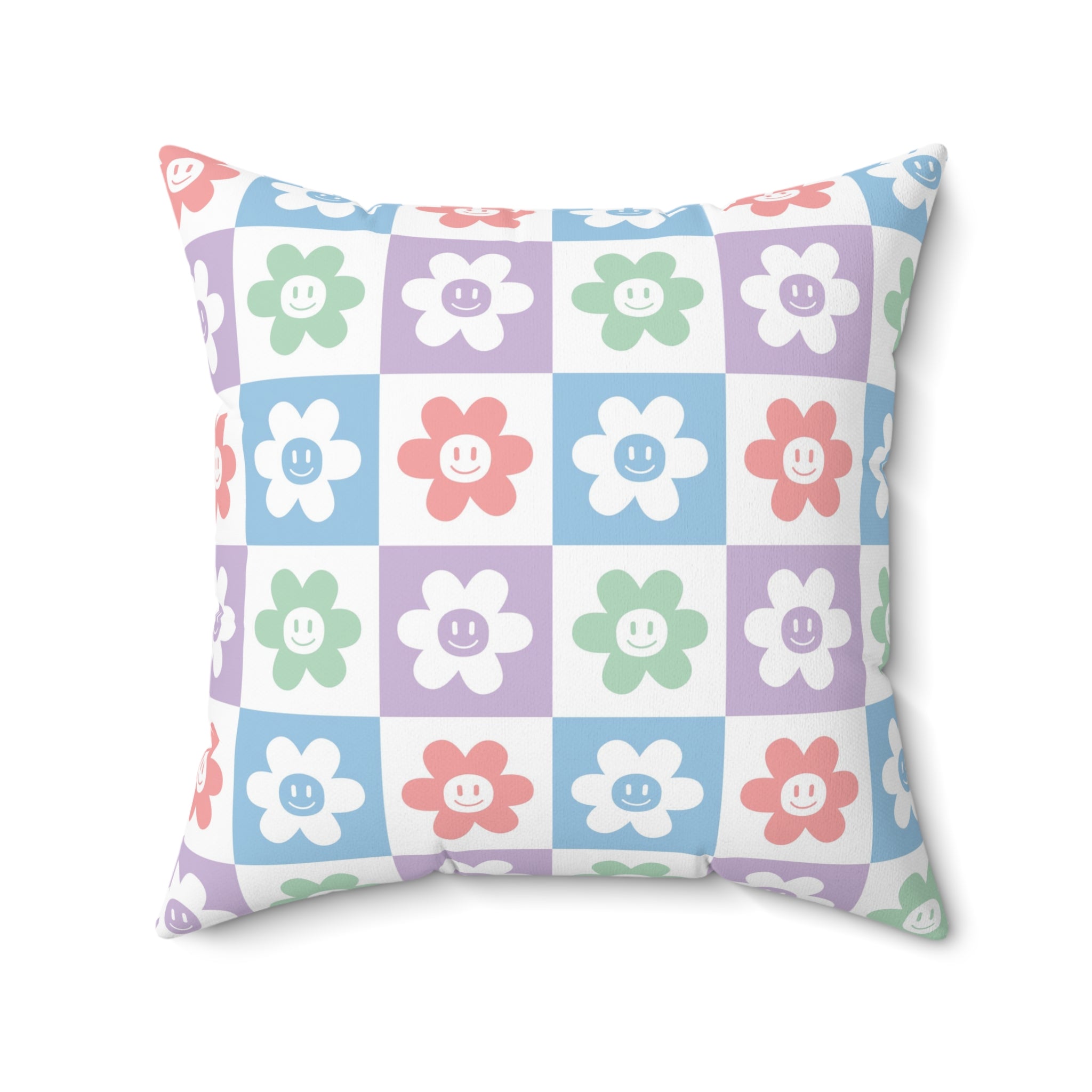 Chessboard x Smiley Face Flowers Multi-Color Spun Polyester Square Pillow, Artsulli - Art is Long, Life is Short, Home Decor, , , , , , , 