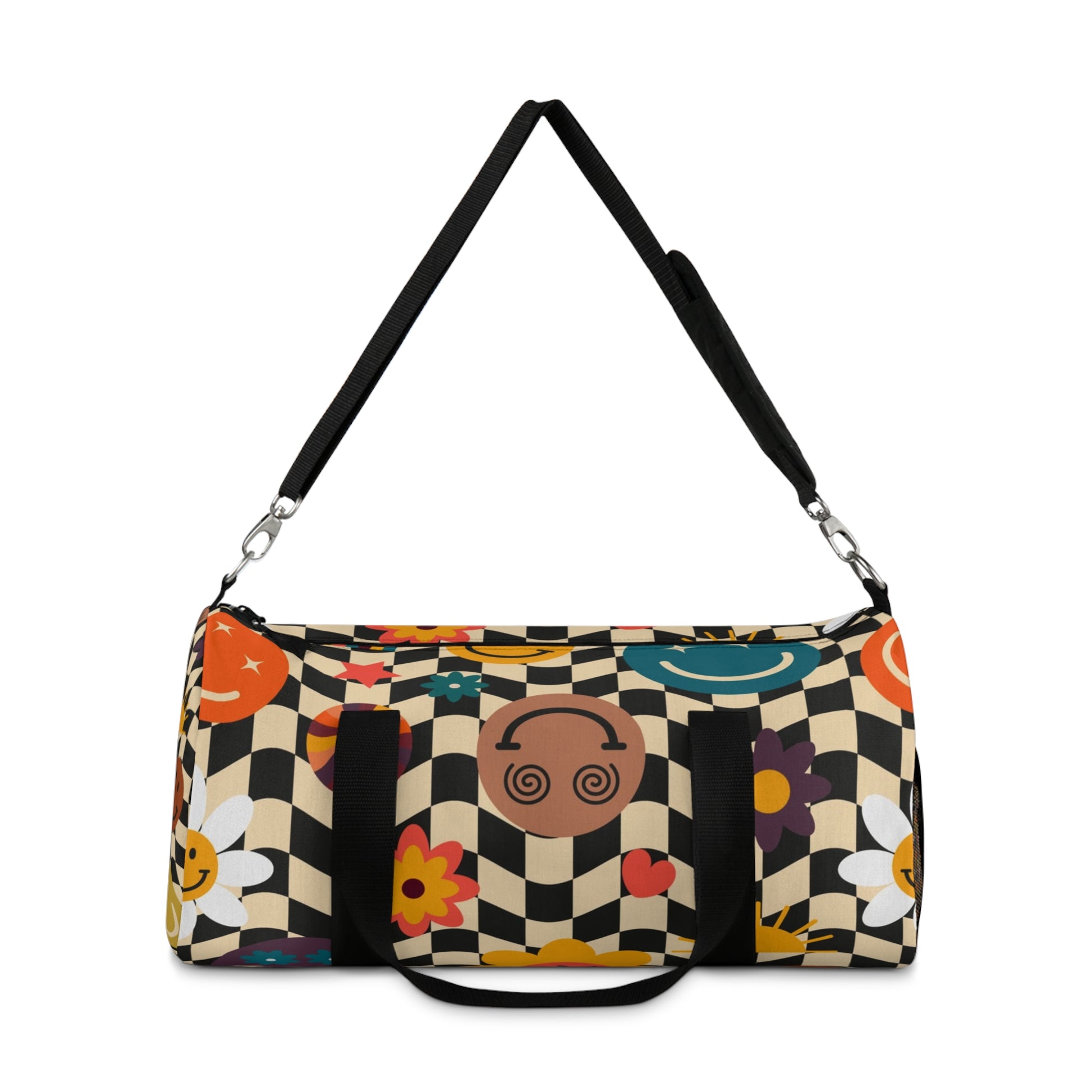 Trippy x Wavy Checkerboard x Smiley Face x Rainbow x Flowers Multi-Color Duffel Bag, Artsulli - Art is Long, Life is Short, Bags, , , , , , , 