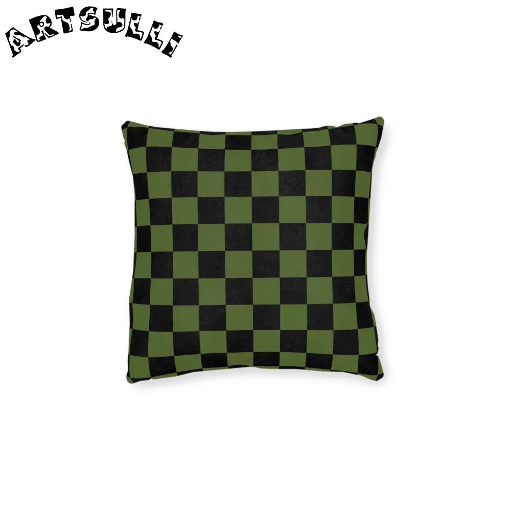 JAKKOUTTHEBXX Checkerboard Olive Green and Black Square Pillow
