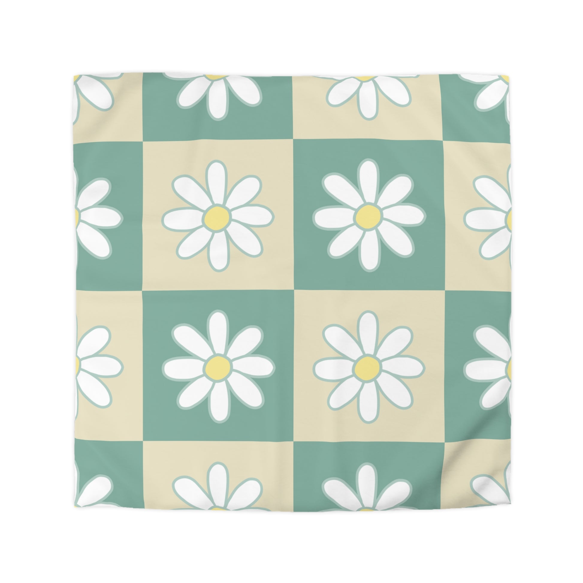 Retro Daisy Checkerboard Green and Tan Microfiber Duvet Cover, Artsulli - Art is Long, Life is Short, Home Decor, Size, Queen, Color, Cream, , , 31002058326896891121