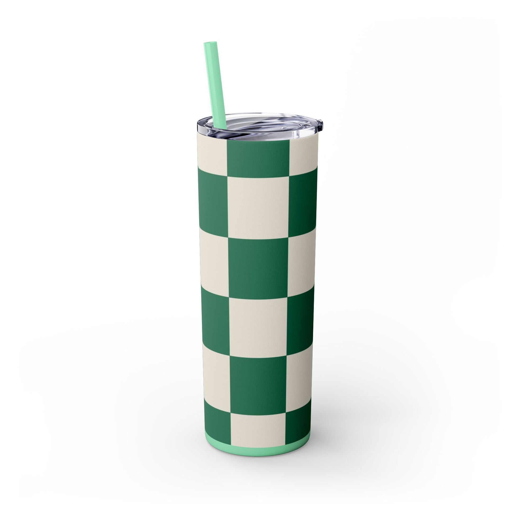 Checkerboard Dark Green Skinny Tumbler with Straw, 20oz, Artsulli - Art is Long, Life is Short, Mug, , , , , , , 