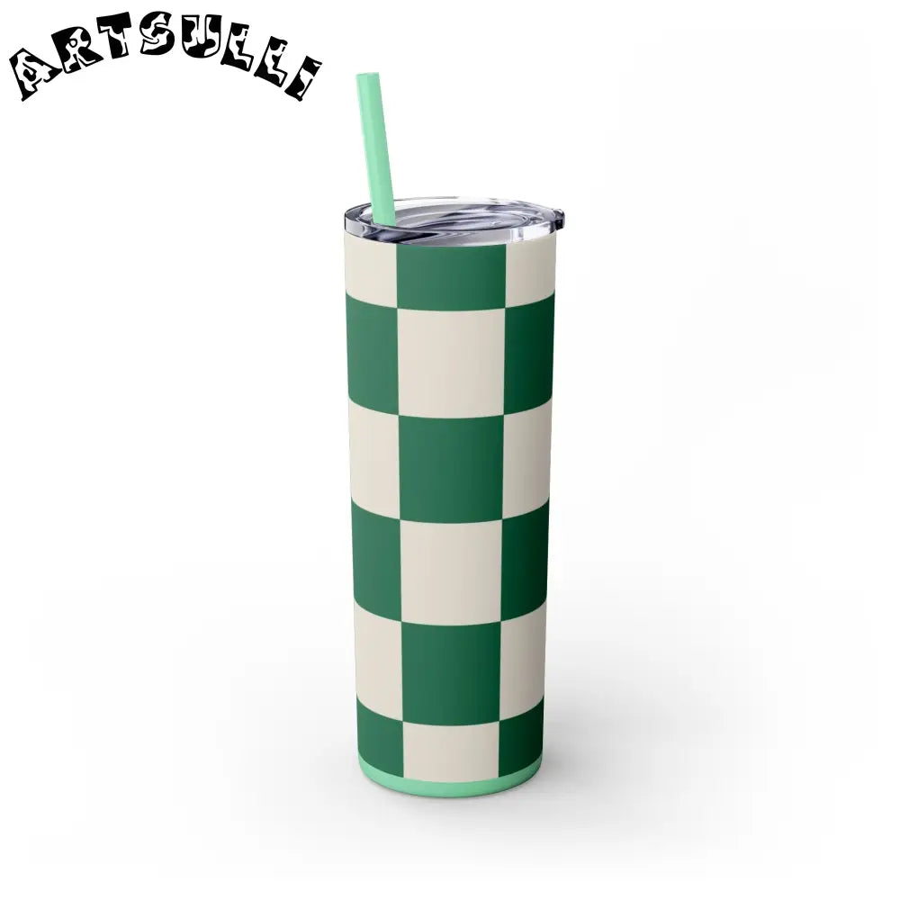 JAKKOUTTHEBXX Checkerboard Dark Green Skinny Tumbler with Straw 20oz