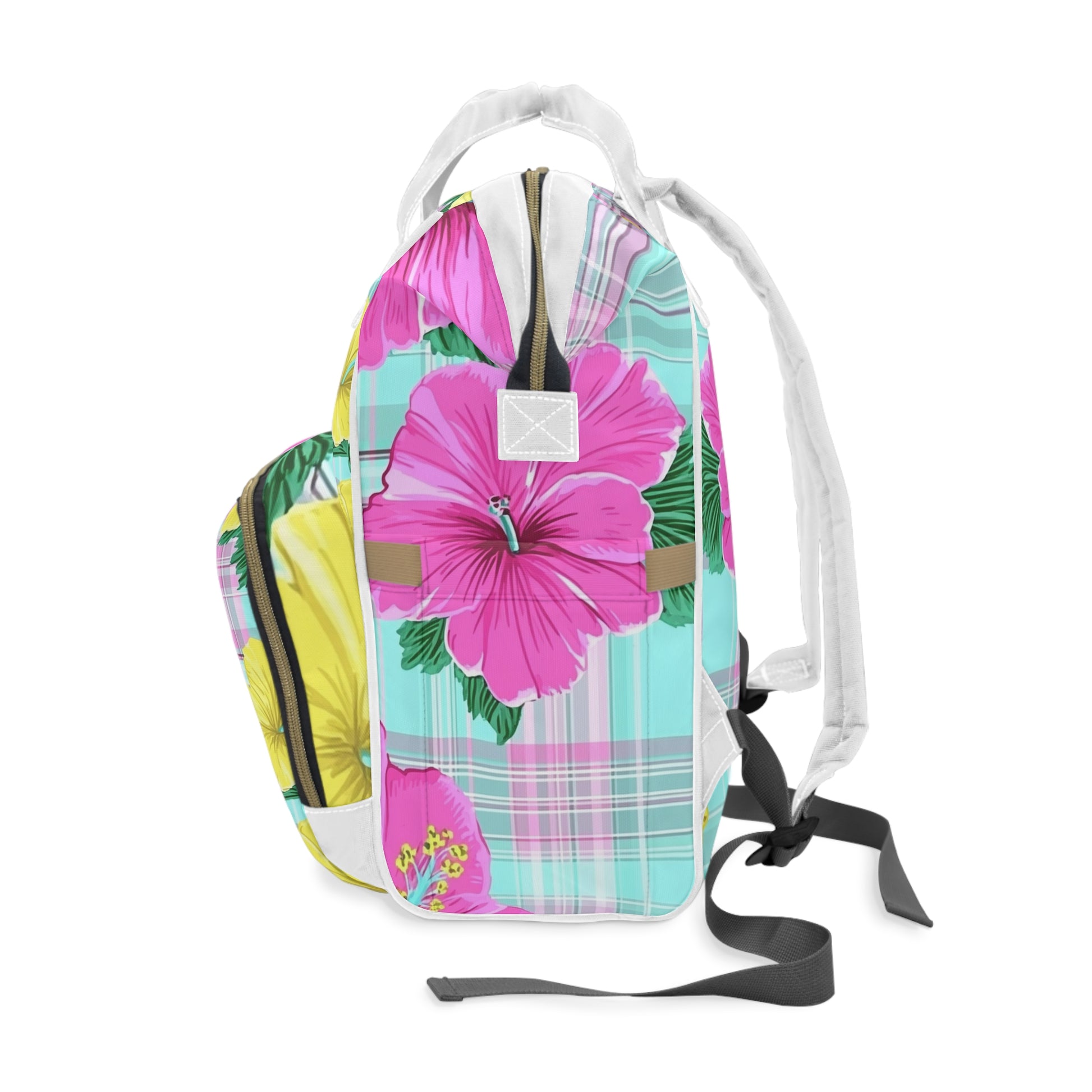 Plaid Hibiscus Pink and Yellow Multifunctional Diaper Backpack, Artsulli - Art is Long, Life is Short, Bags, , , , , , , 