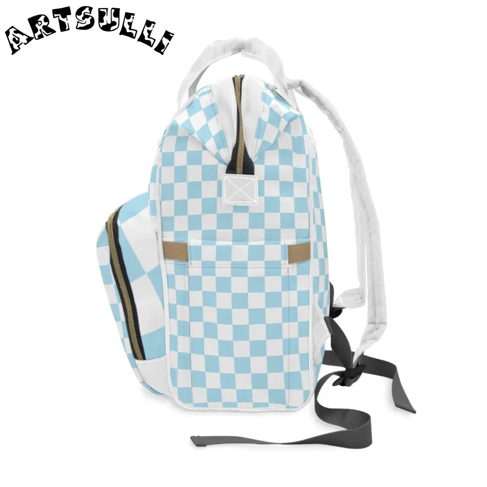 JAKKOUTTHEBXX Checkerboard Sky Blue Multifunctional Diaper Backpack