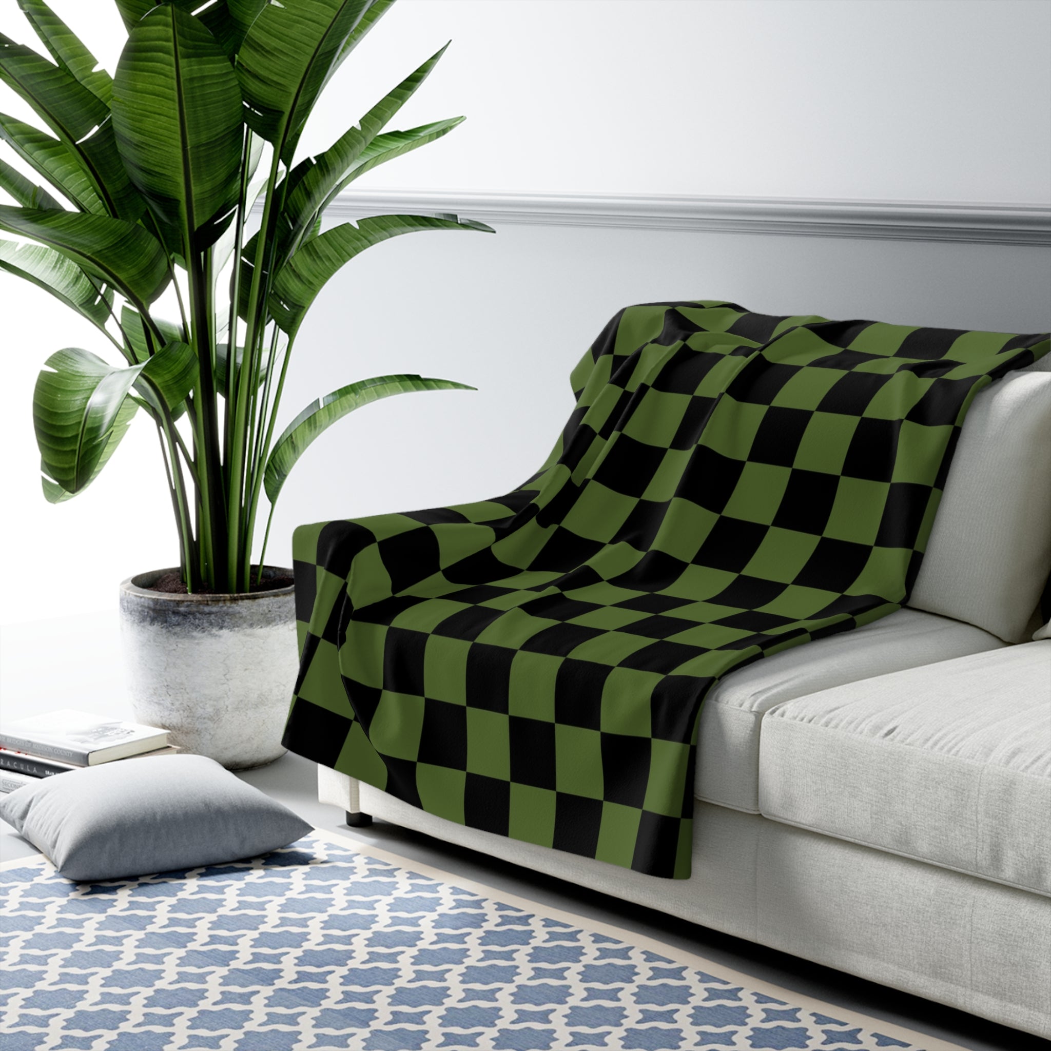 Checkerboard Olive Green and Black Sherpa Fleece Blanket, Artsulli - Art is Long, Life is Short, Home Decor, , , , , , , 
