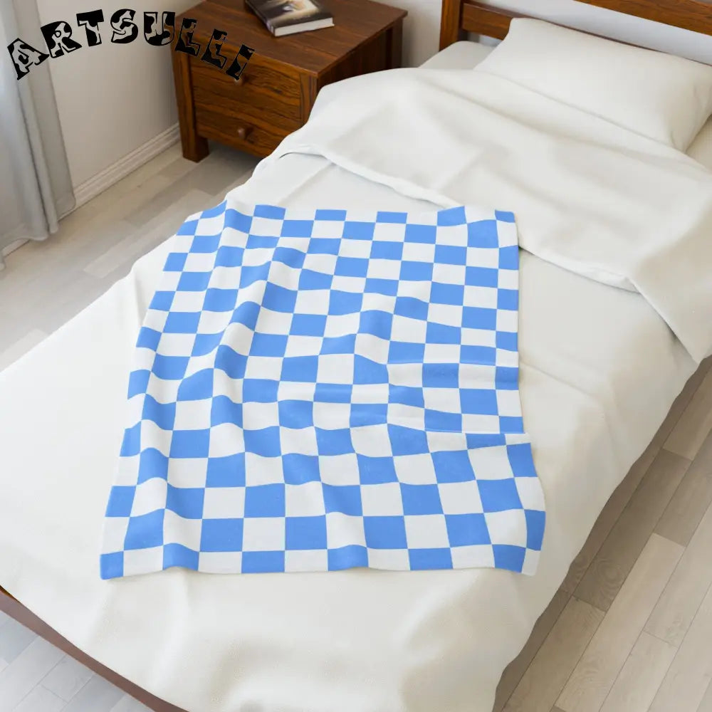 JAKKOUTTHEBXX Checkerboard White and Light Blue Velveteen Plush