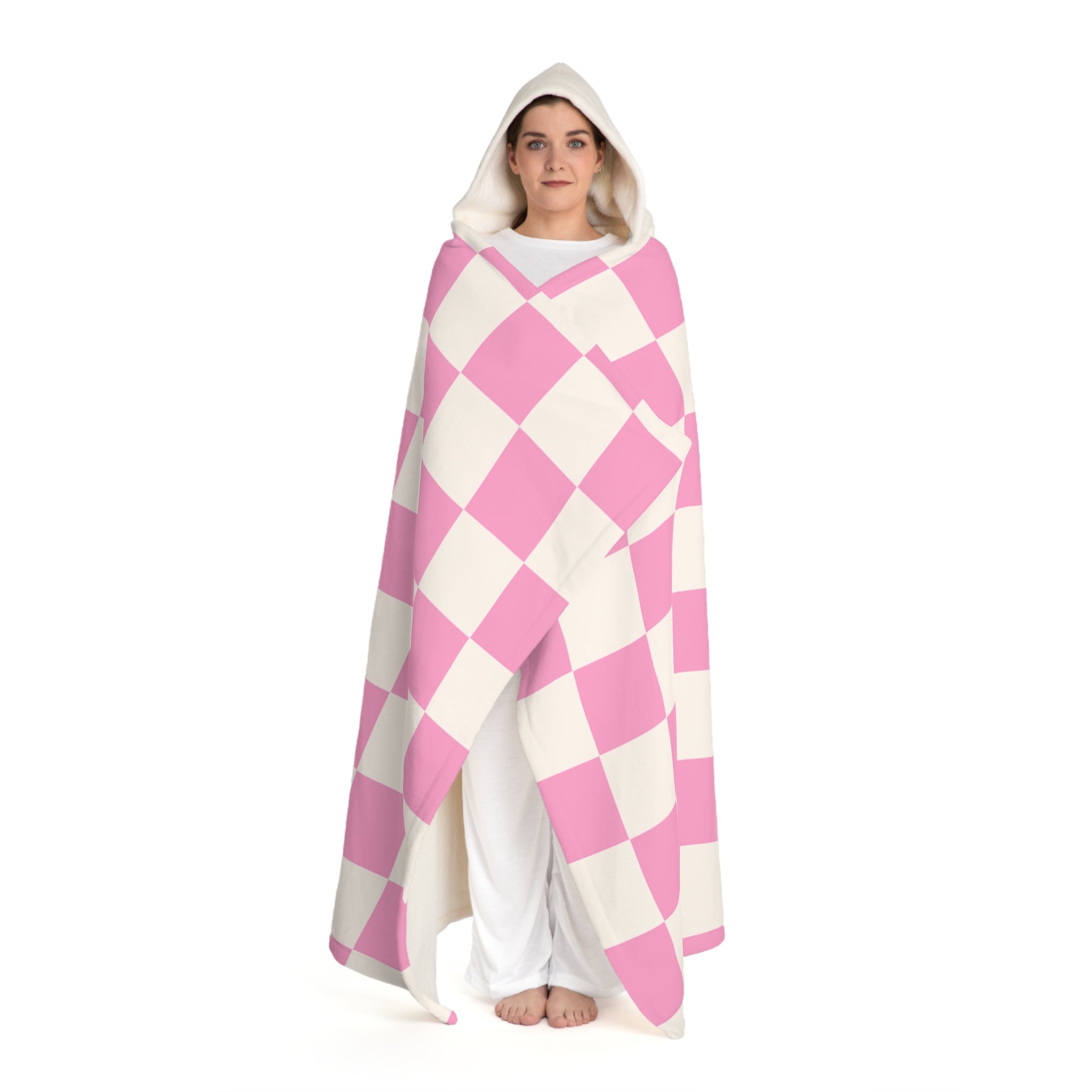 Checkerboard Hot Pink and White Hooded Sherpa Fleece Blanket, Artsulli - Art is Long, Life is Short, All Over Prints, , , , , , , 