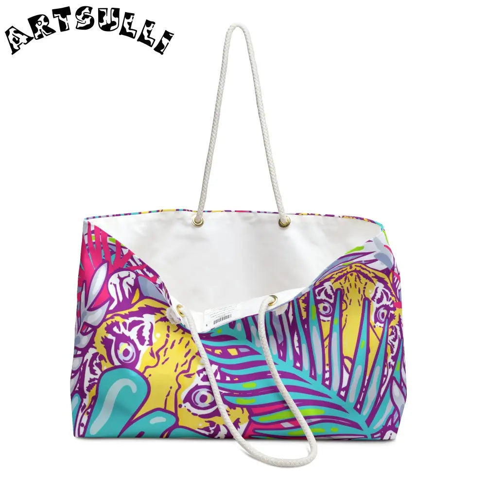 JAKKOUTTHEBXX Tropical Floral Tigers Torquise and Purple Weekender