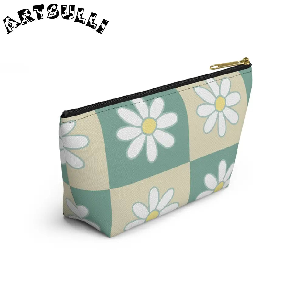JAKKOUTTHEBXX Retro Daisy Checkerboard Green and Tan Accessory Pouch