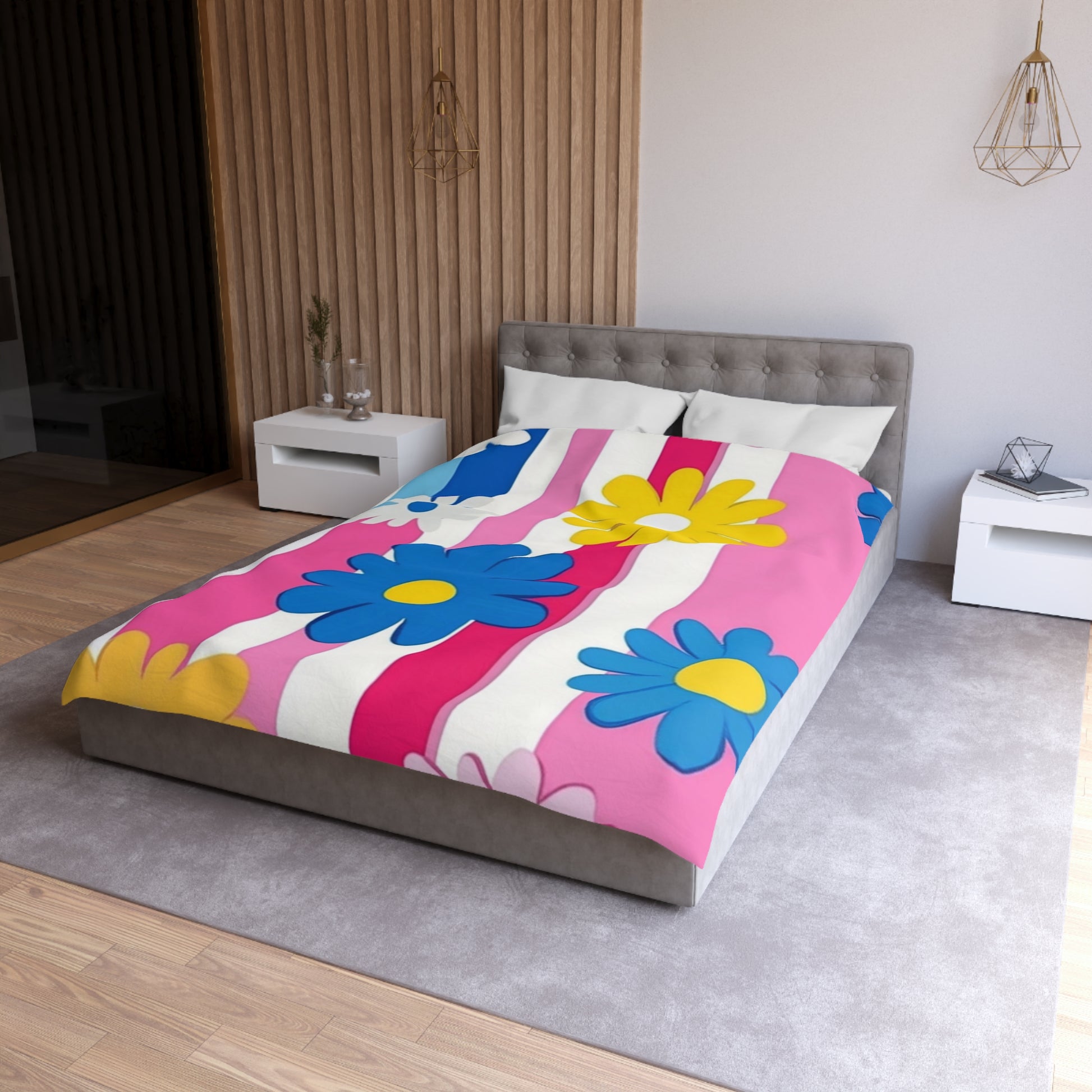 Flowers x Stripes Multi-Color Microfiber Duvet Cover, Artsulli - Art is Long, Life is Short, Home Decor, , , , , , , 