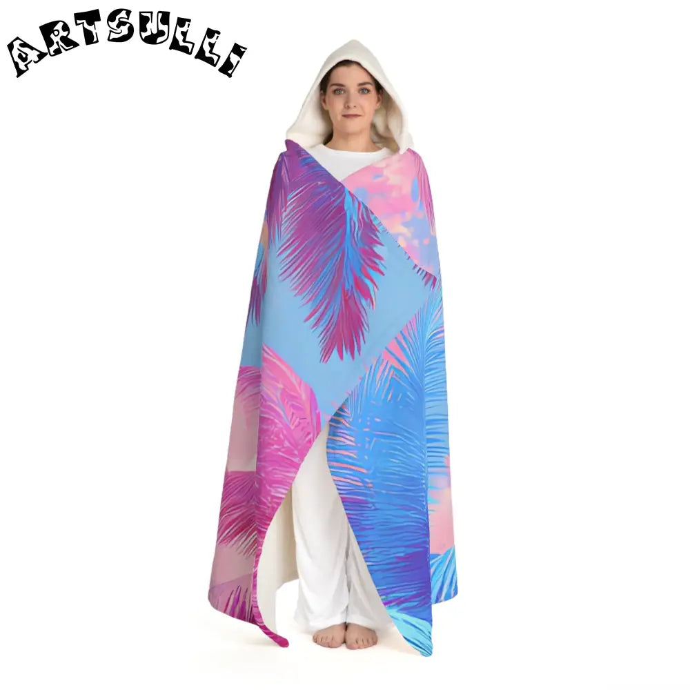 JAKKOUTTHEBXX Ethereal Pastel Palms Hooded Sherpa Fleece Blanket